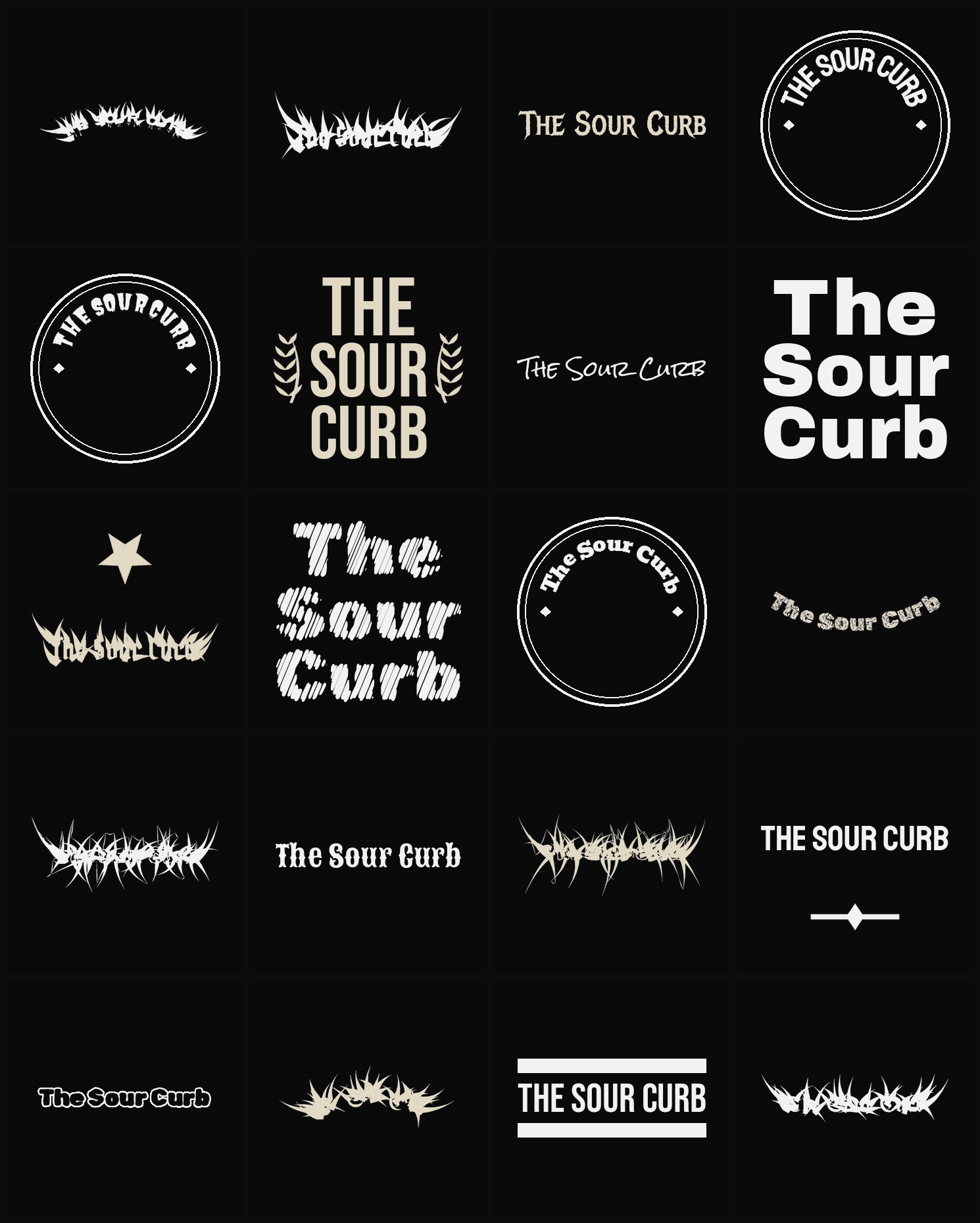 Twenty The Sour Curb band logo ideas — different faces, treatments and spike settings