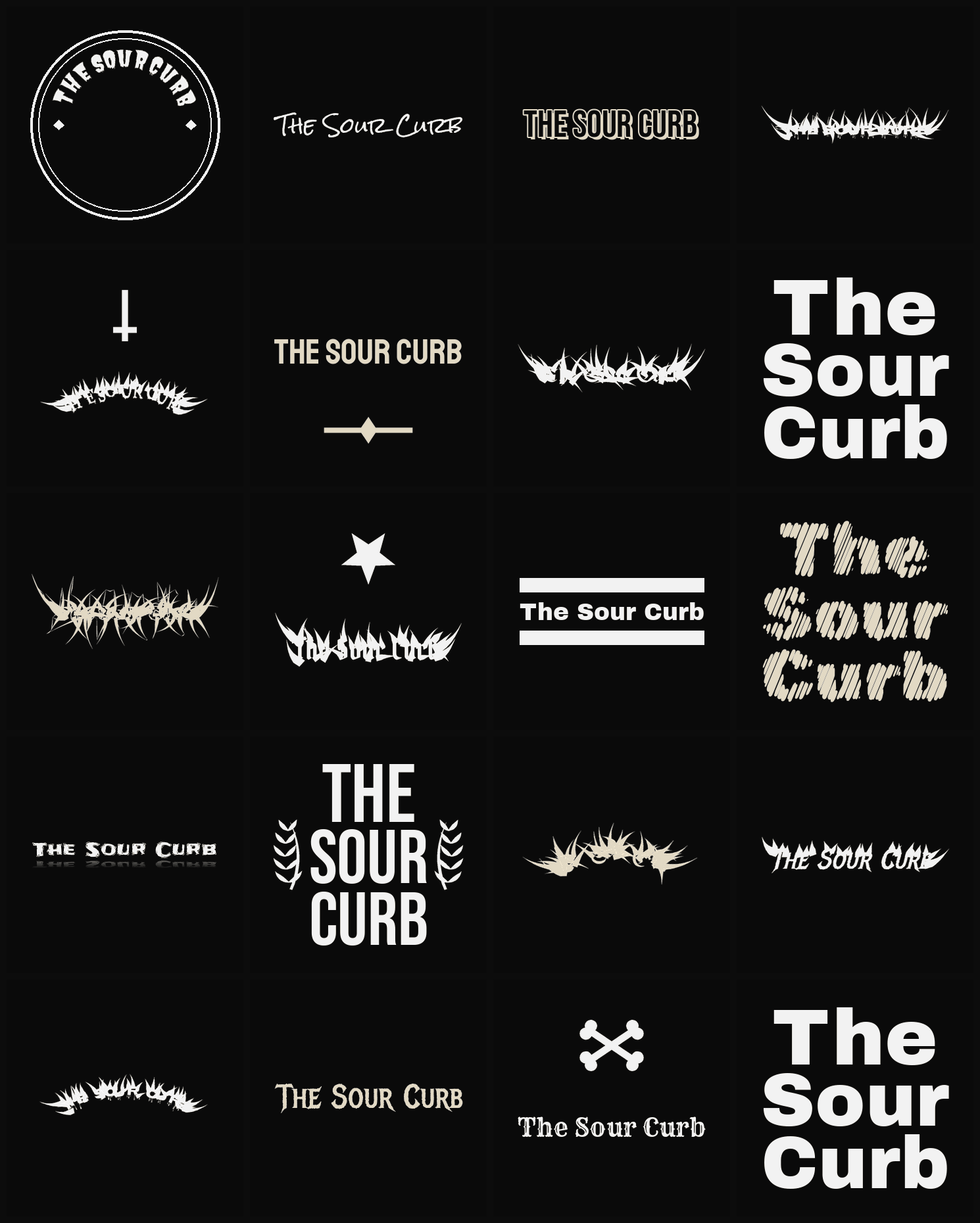 Twenty The Sour Curb band logo ideas — different faces, treatments and spike settings