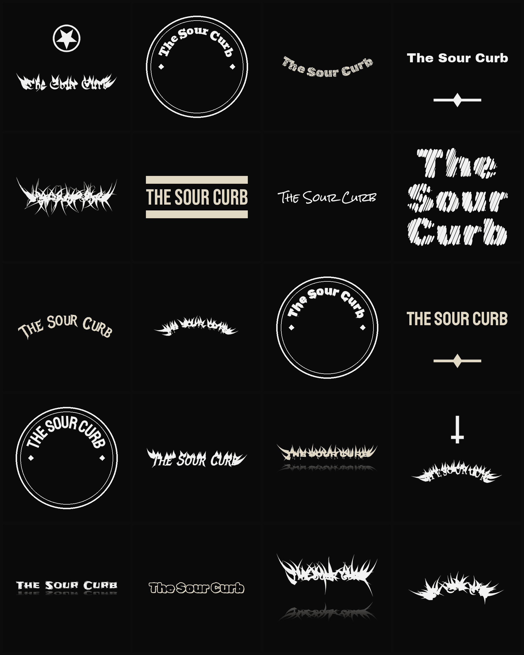 Twenty The Sour Curb band logo ideas — different faces, treatments and spike settings