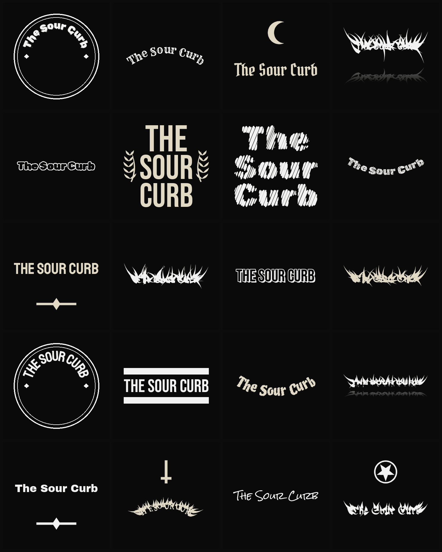 Twenty The Sour Curb band logo ideas — different faces, treatments and spike settings