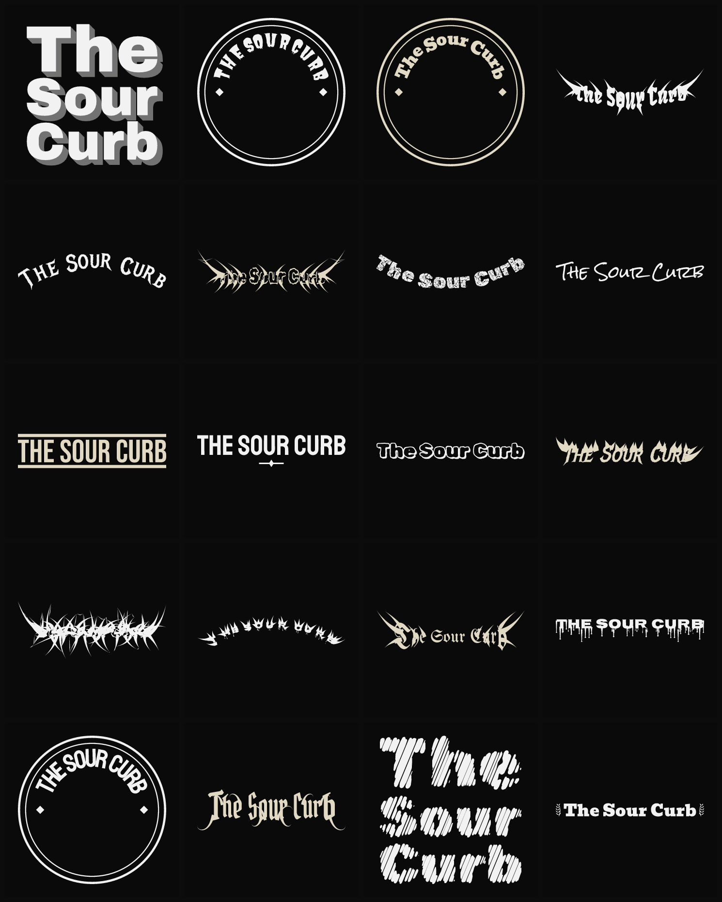 Twenty The Sour Curb band logo ideas — different faces, treatments and spike settings