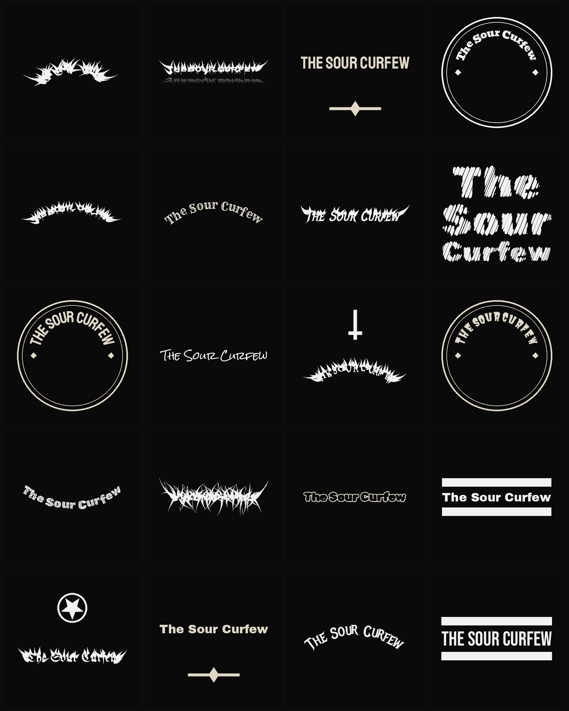 Twenty The Sour Curfew band logo ideas — different faces, treatments and spike settings