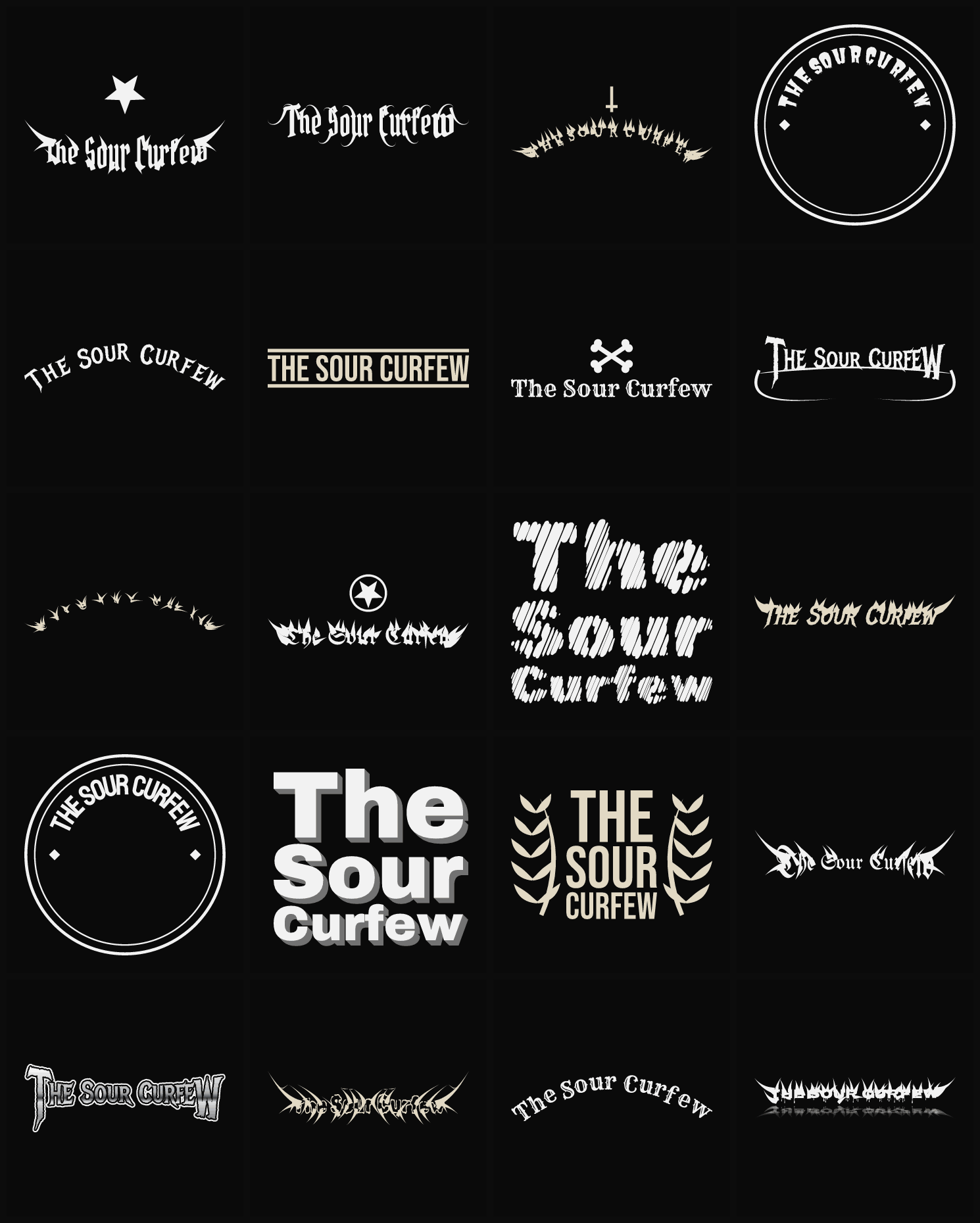 Twenty The Sour Curfew band logo ideas — different faces, treatments and spike settings