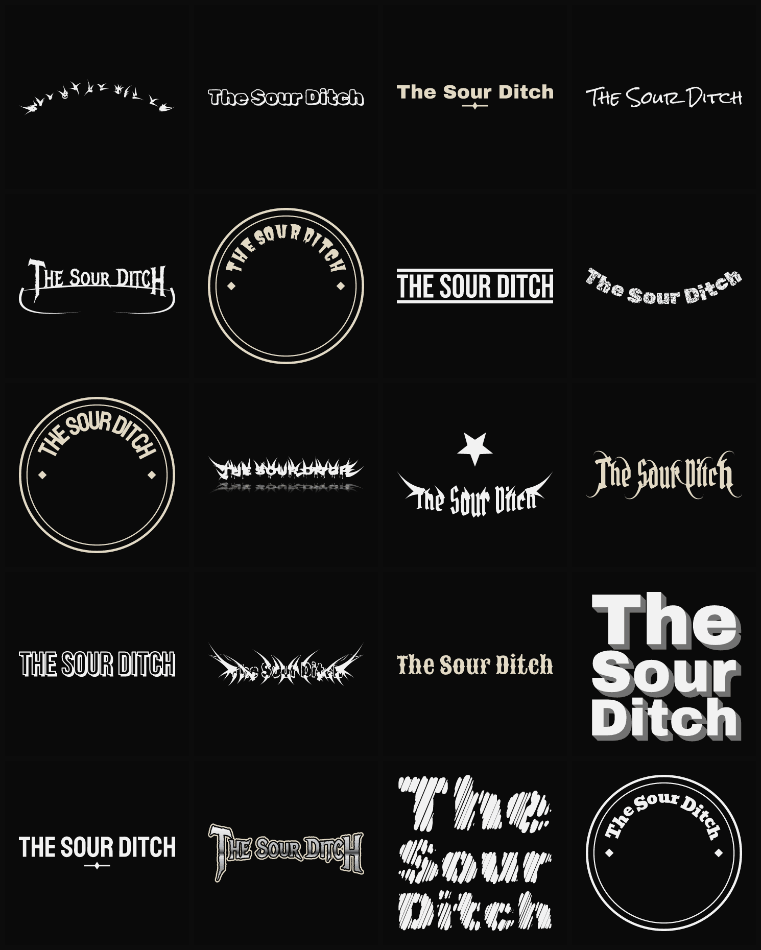 Twenty The Sour Ditch band logo ideas — different faces, treatments and spike settings