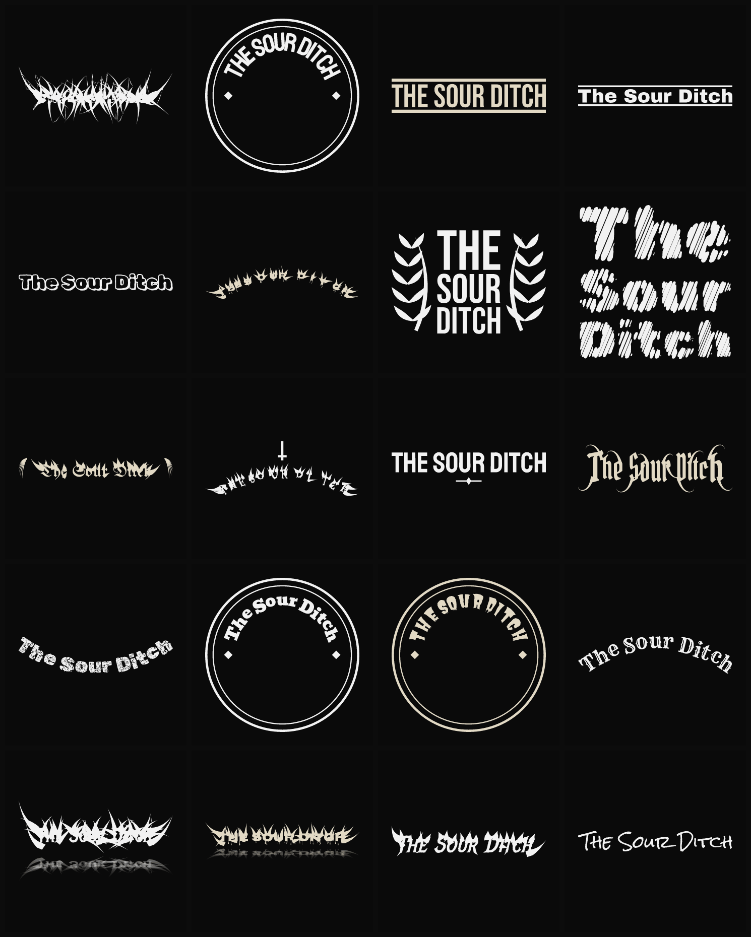 Twenty The Sour Ditch band logo ideas — different faces, treatments and spike settings