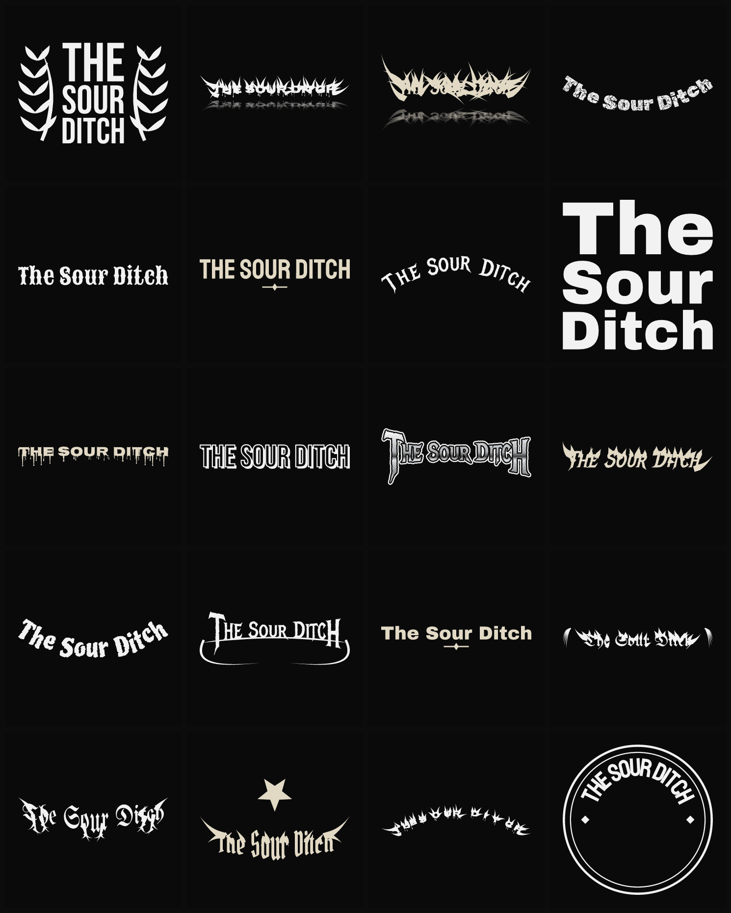 Twenty The Sour Ditch band logo ideas — different faces, treatments and spike settings