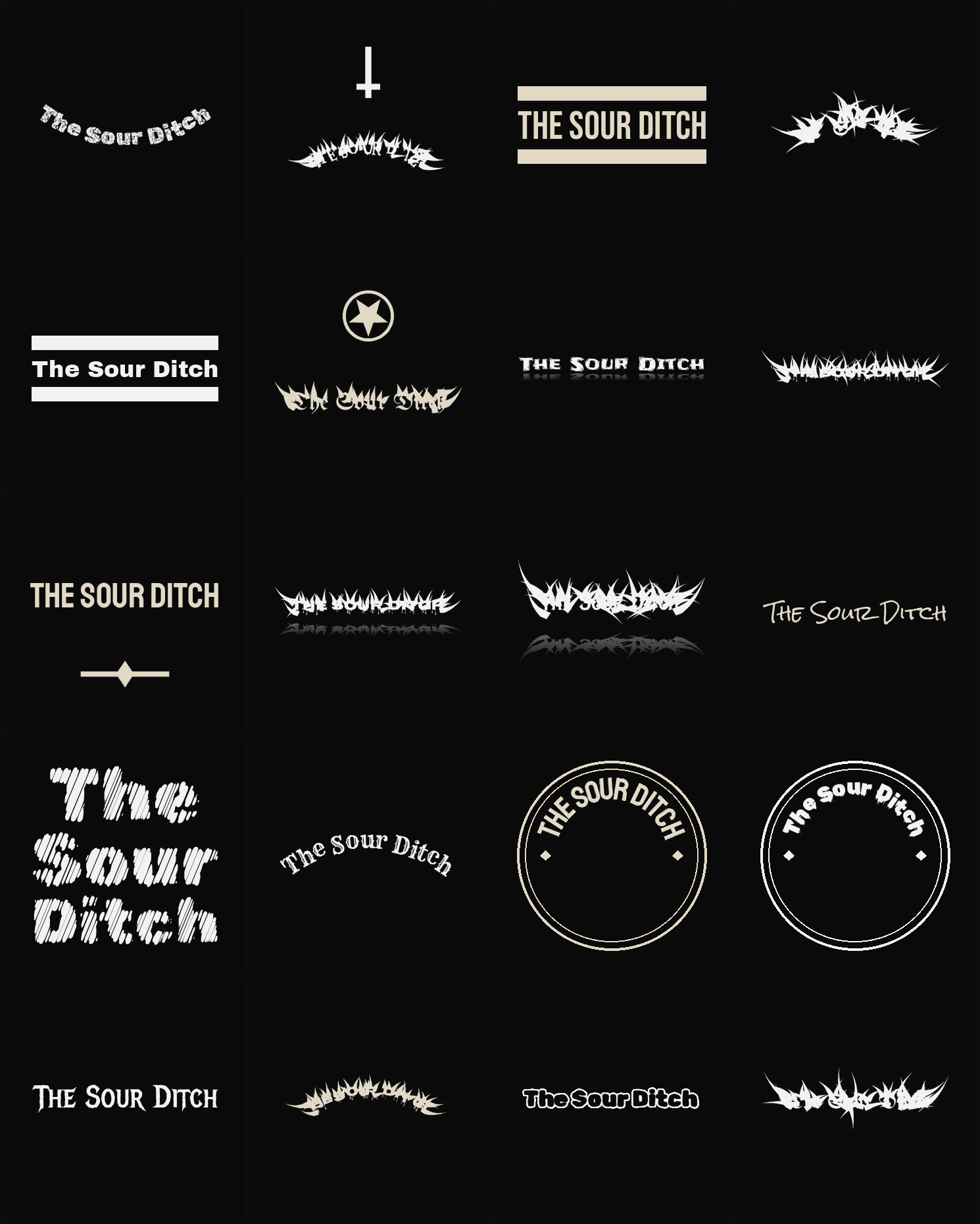 Twenty The Sour Ditch band logo ideas — different faces, treatments and spike settings