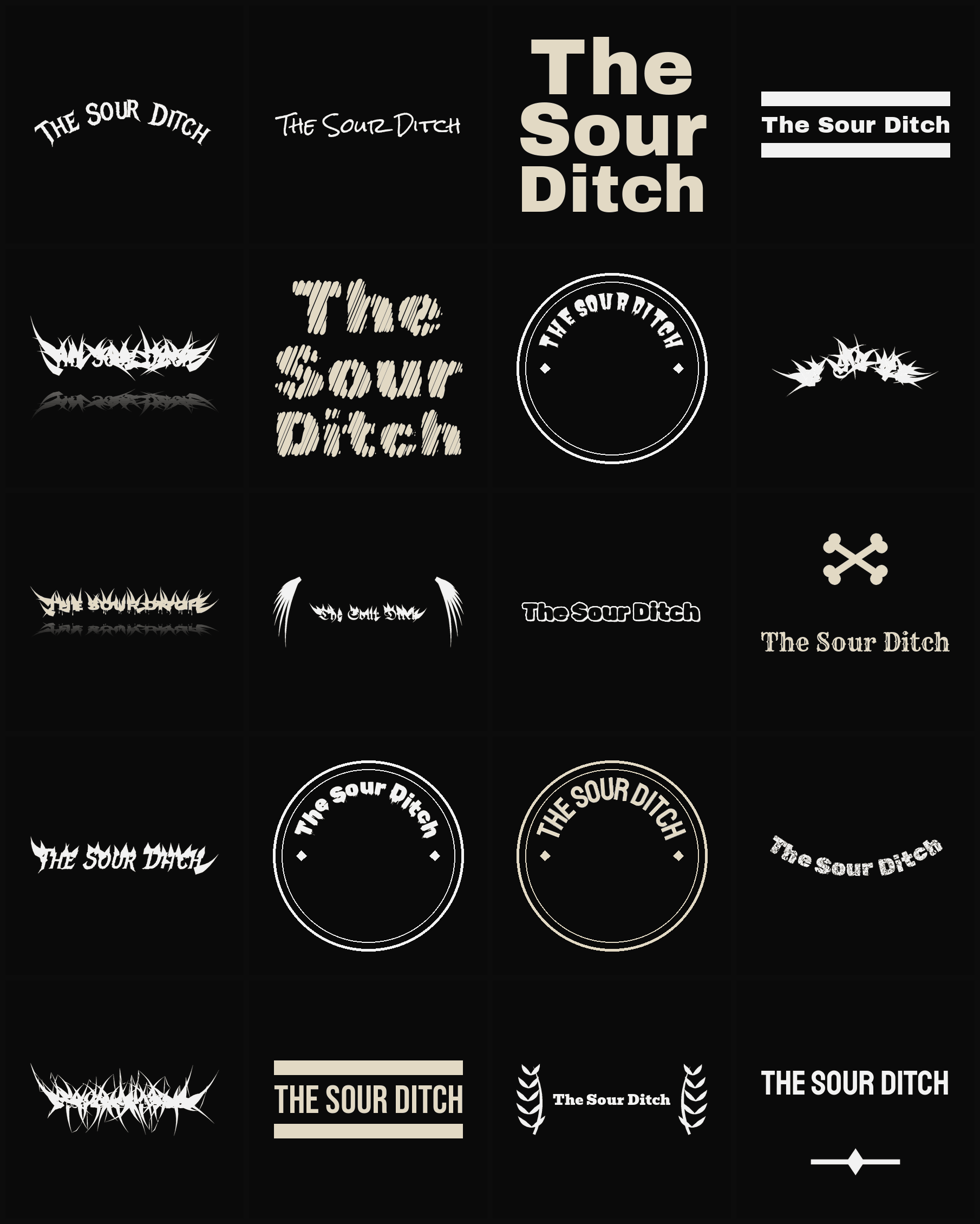 Twenty The Sour Ditch band logo ideas — different faces, treatments and spike settings