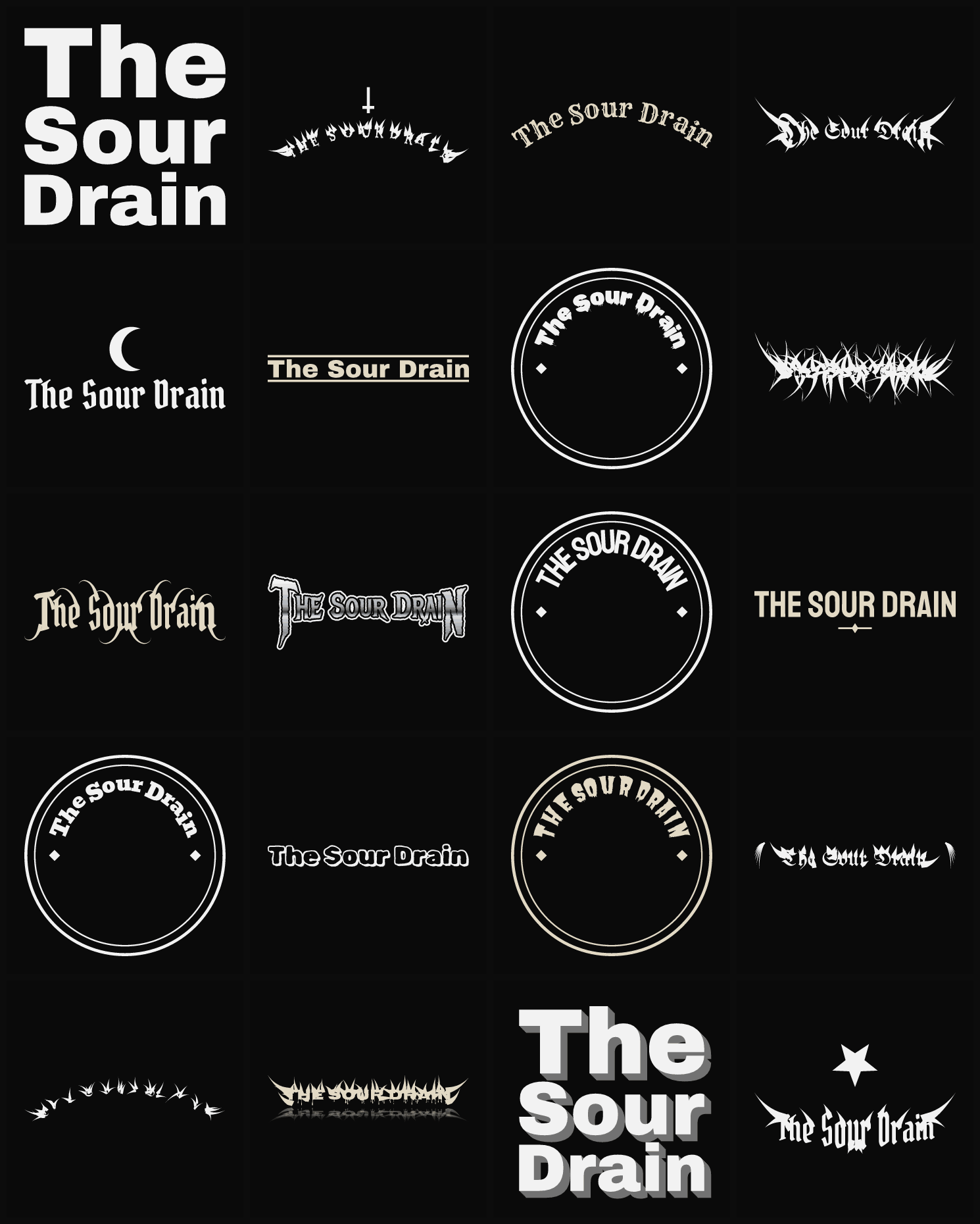 Twenty The Sour Drain band logo ideas — different faces, treatments and spike settings