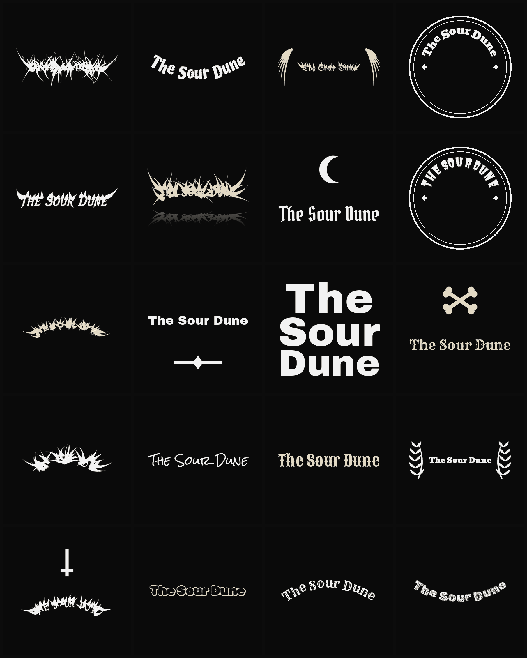 Twenty The Sour Dune band logo ideas — different faces, treatments and spike settings