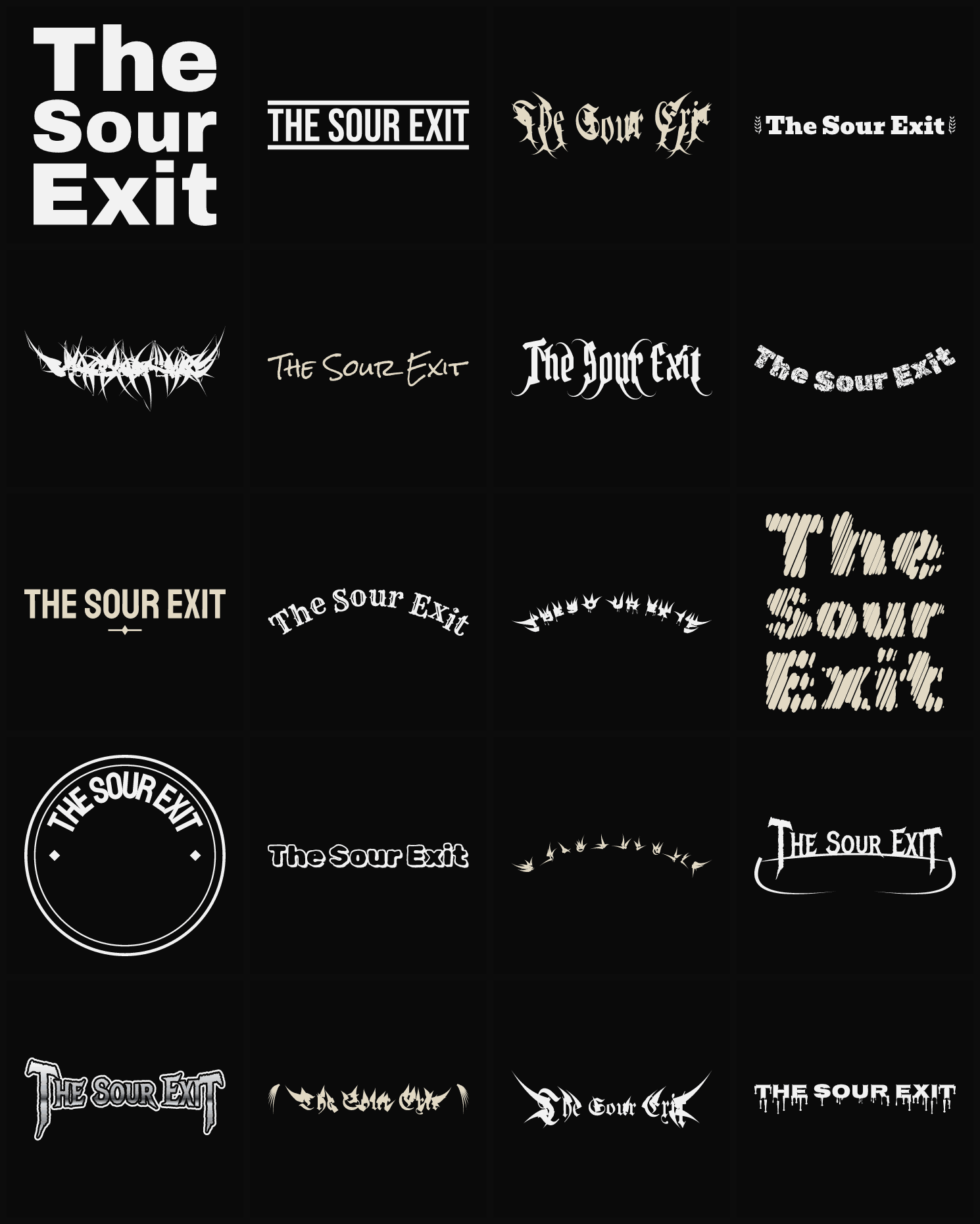 Twenty The Sour Exit band logo ideas — different faces, treatments and spike settings