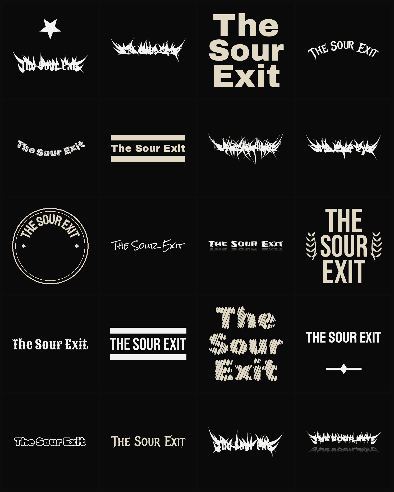 Twenty The Sour Exit band logo ideas — different faces, treatments and spike settings
