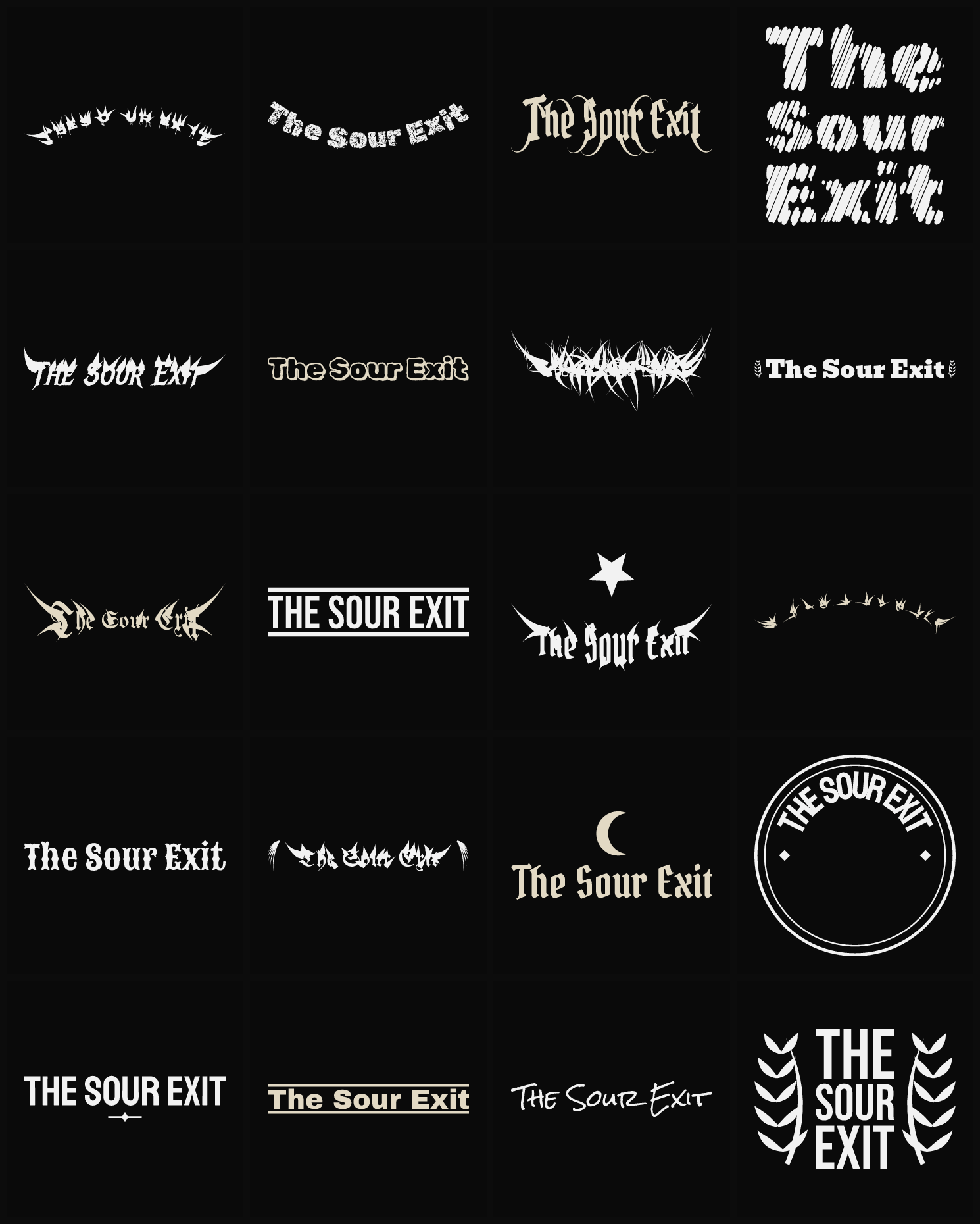 Twenty The Sour Exit band logo ideas — different faces, treatments and spike settings