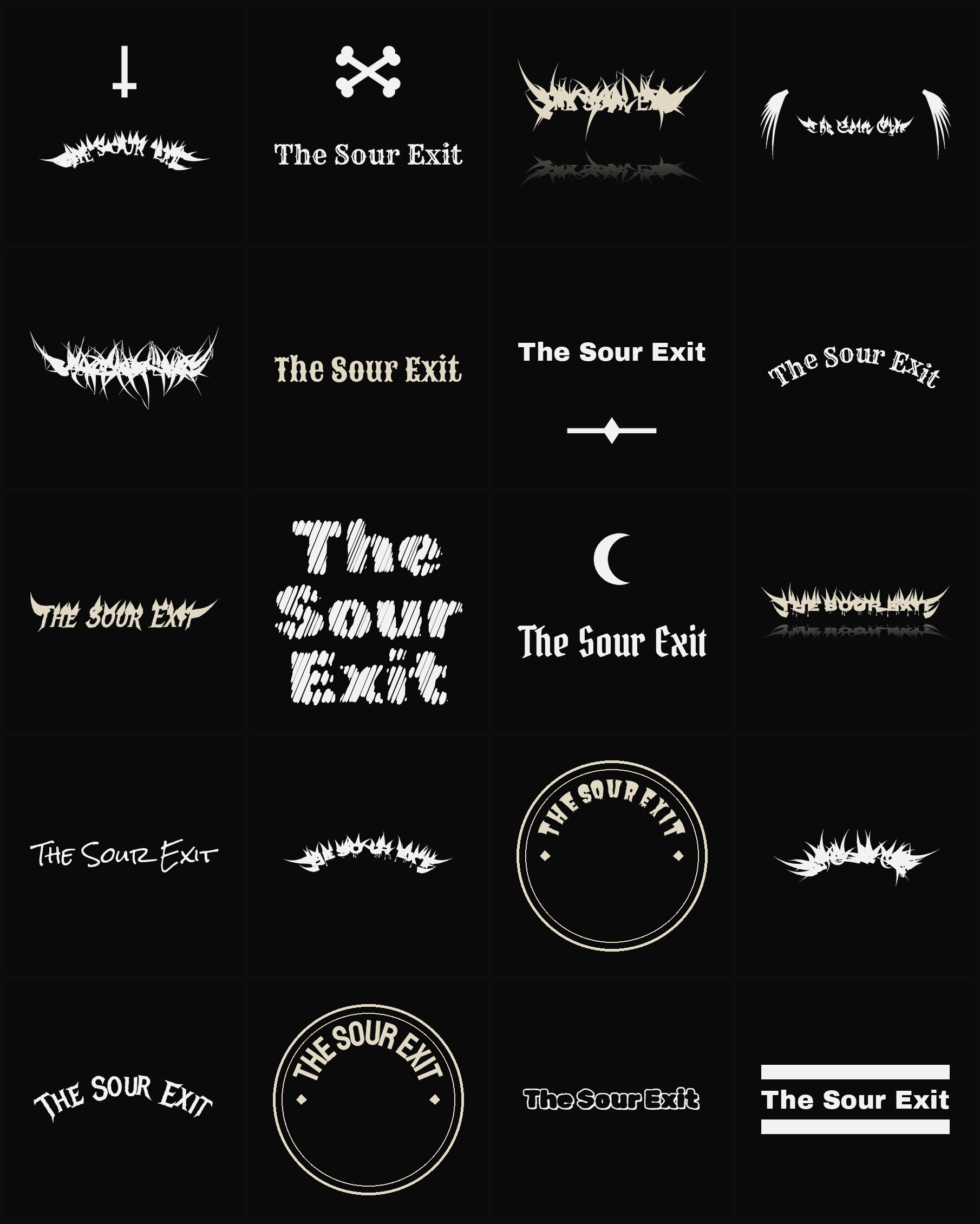Twenty The Sour Exit band logo ideas — different faces, treatments and spike settings