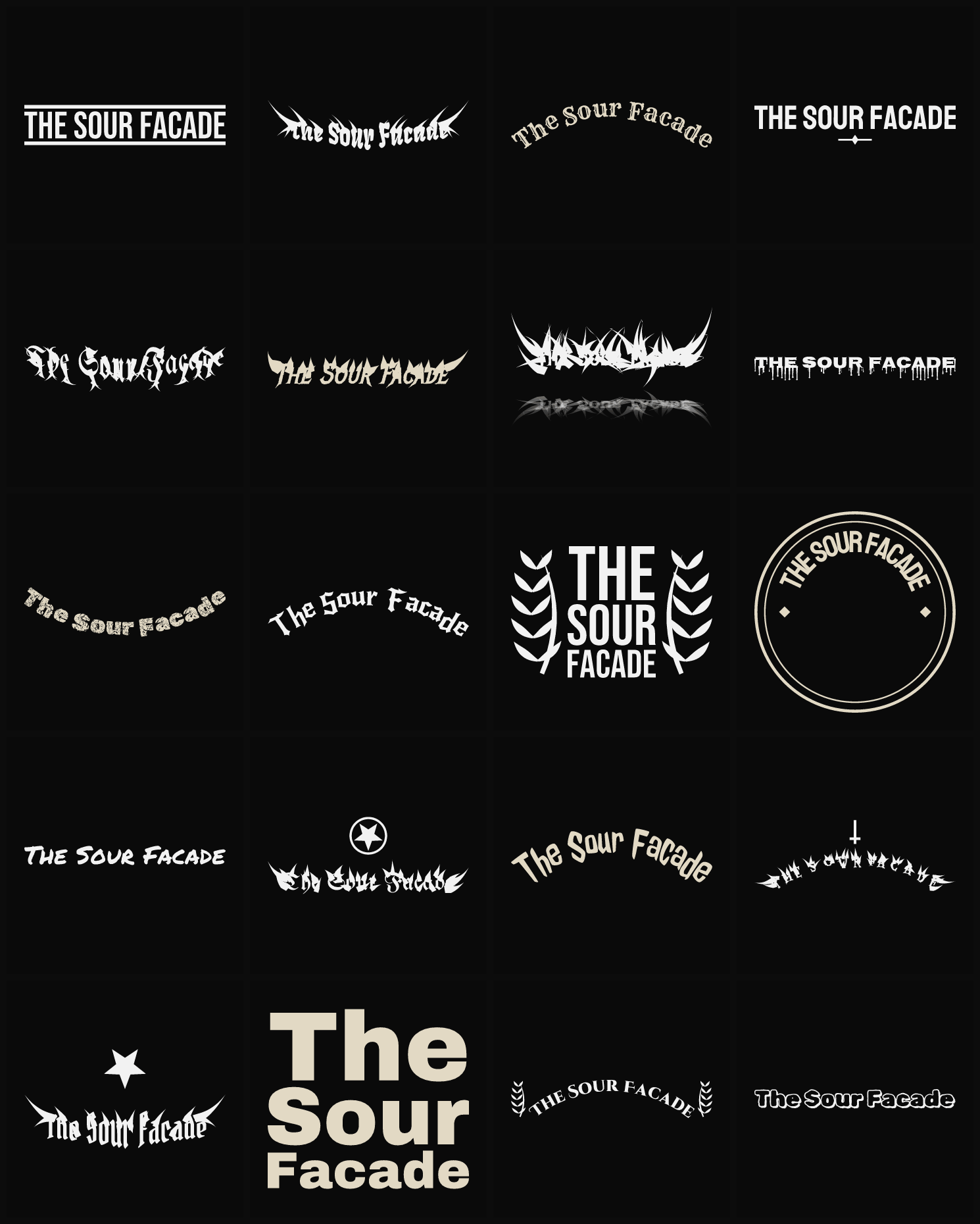 Twenty The Sour Facade band logo ideas — different faces, treatments and spike settings