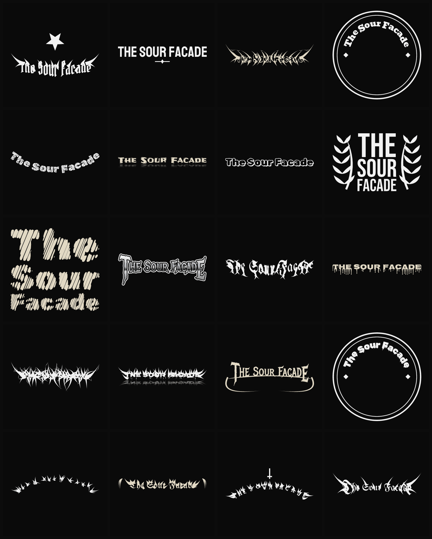 Twenty The Sour Facade band logo ideas — different faces, treatments and spike settings