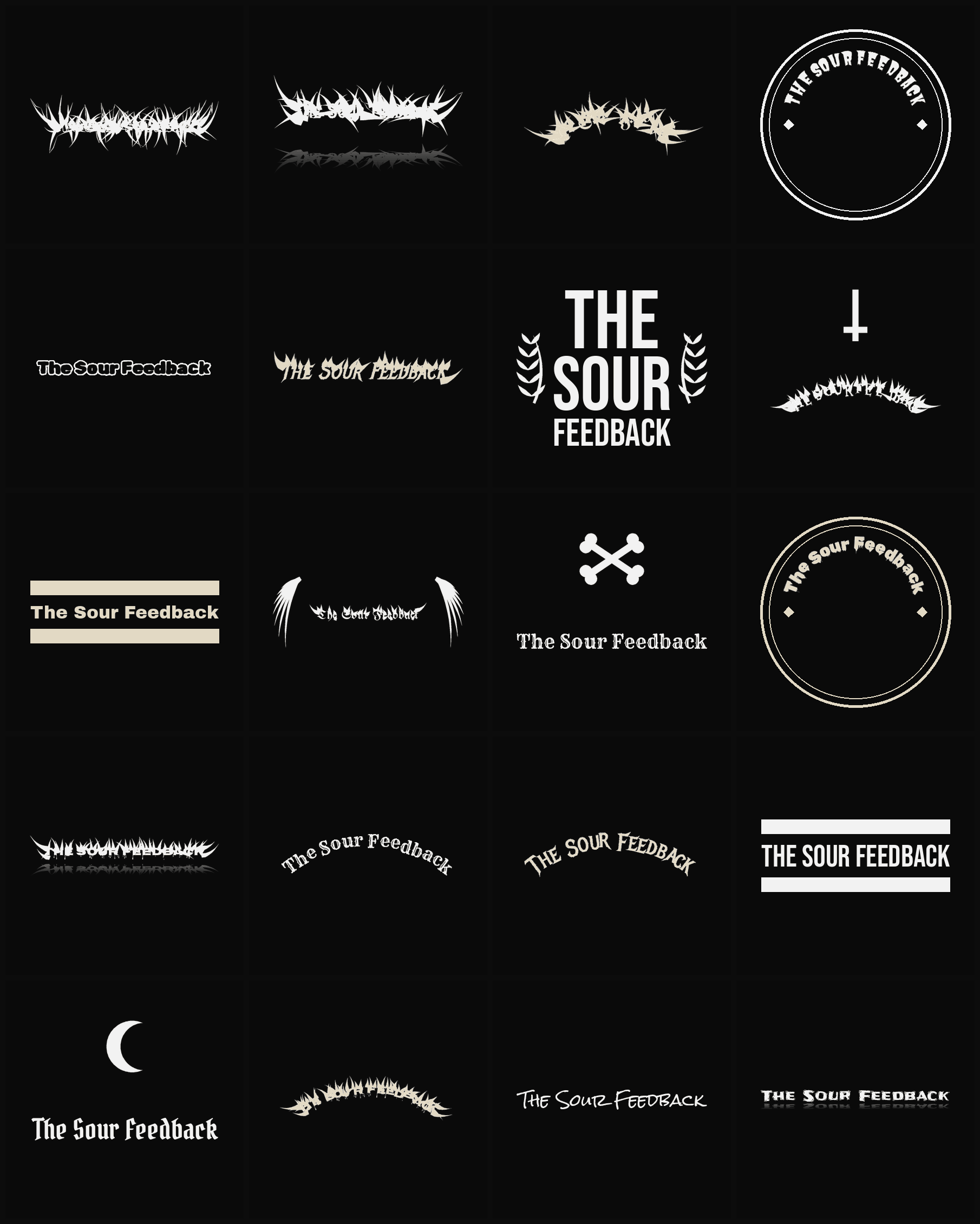 Twenty The Sour Feedback band logo ideas — different faces, treatments and spike settings