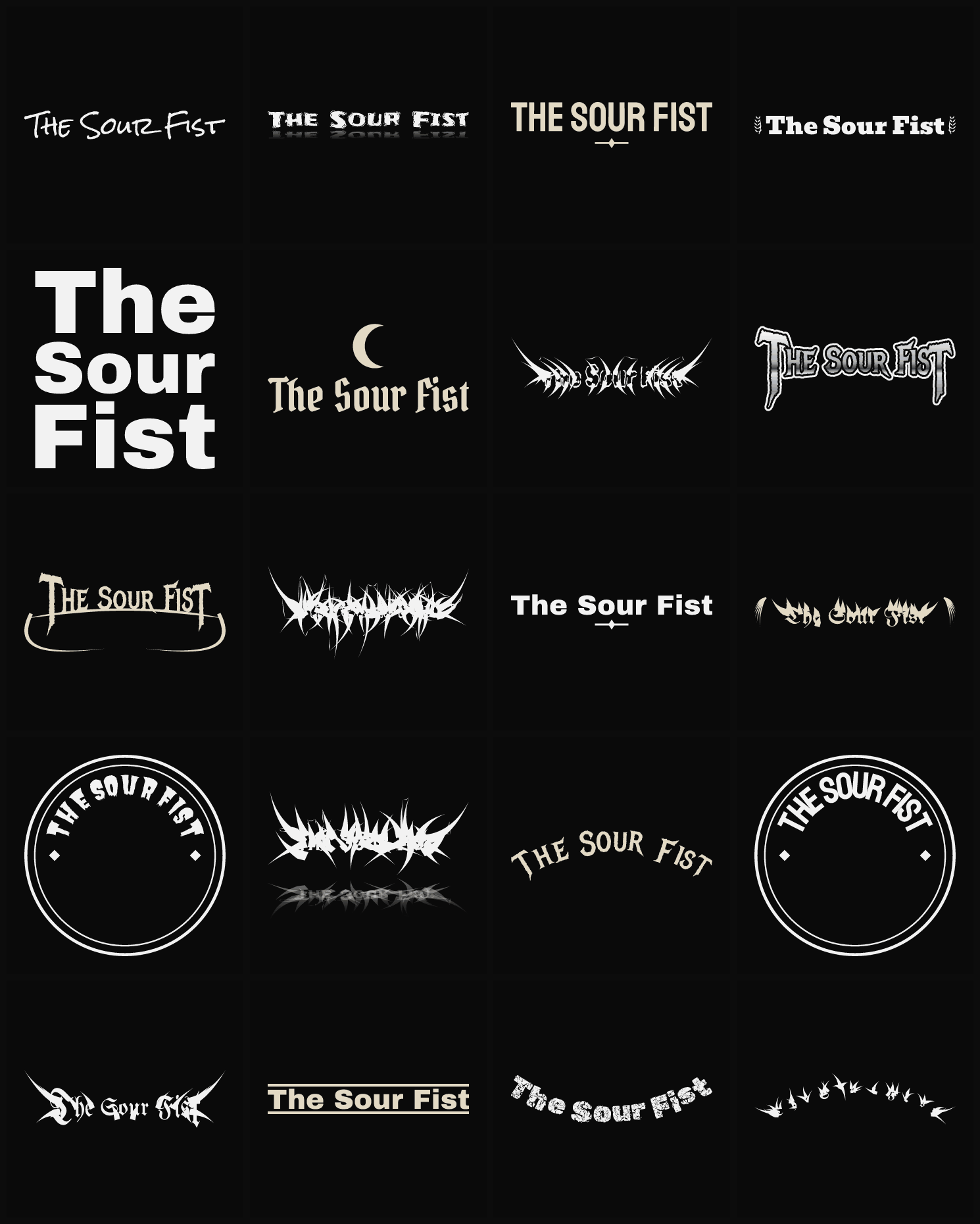 Twenty The Sour Fist band logo ideas — different faces, treatments and spike settings