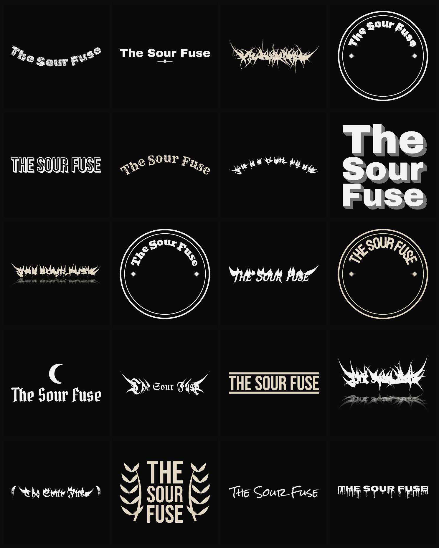 Twenty The Sour Fuse band logo ideas — different faces, treatments and spike settings