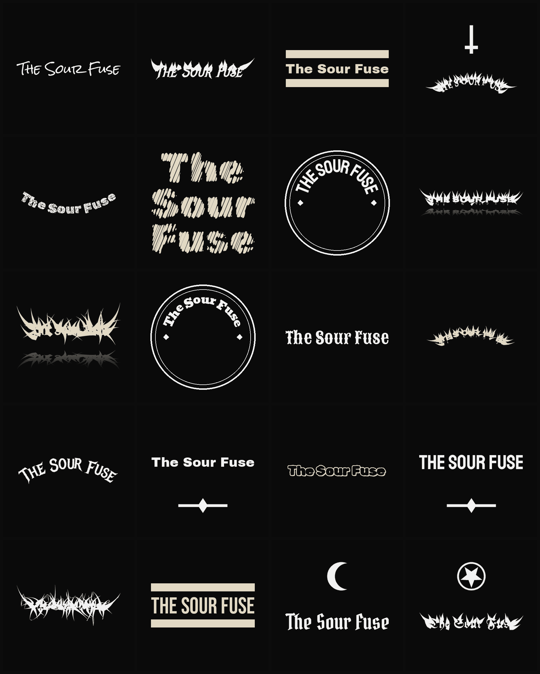 Twenty The Sour Fuse band logo ideas — different faces, treatments and spike settings