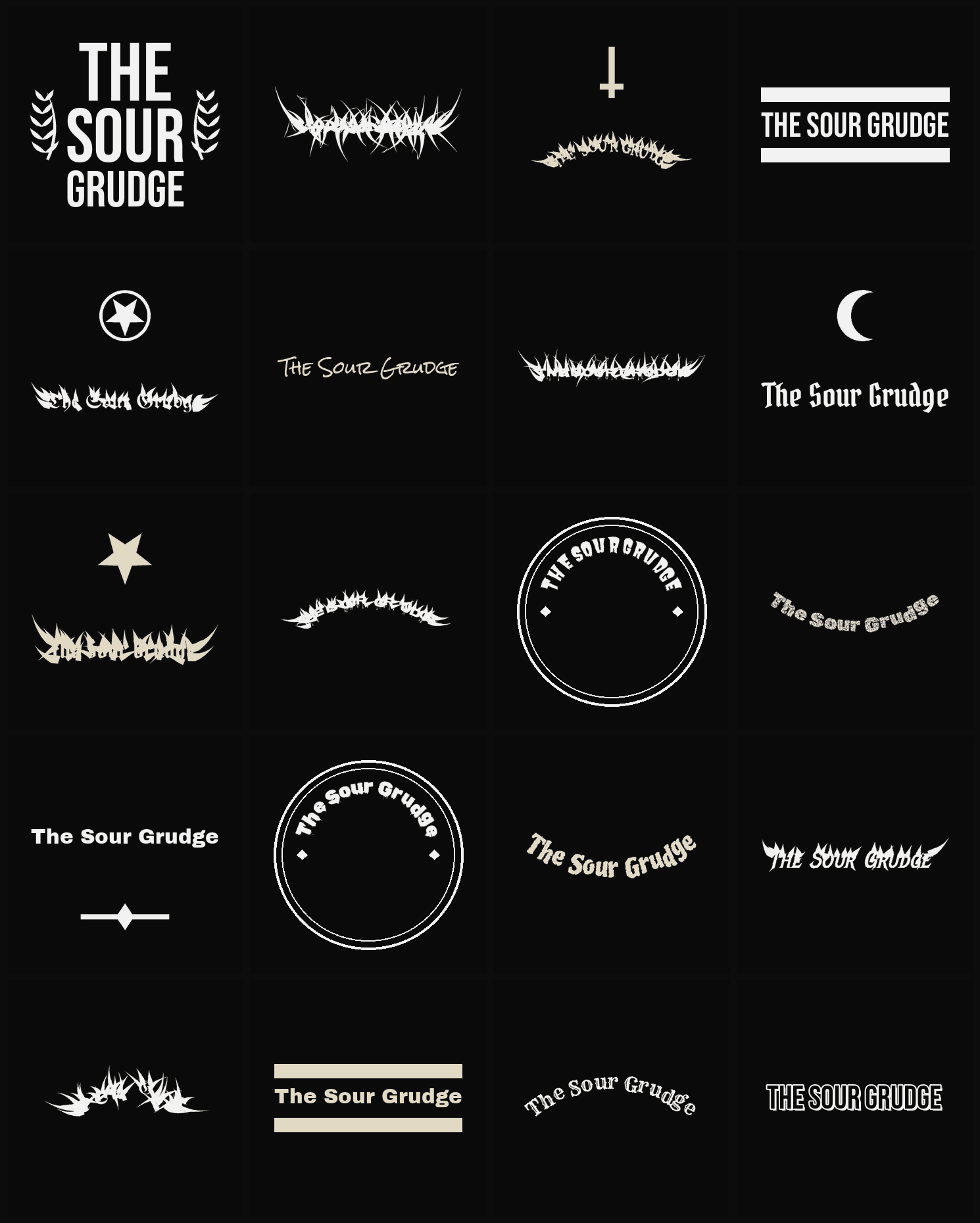 Twenty The Sour Grudge band logo ideas — different faces, treatments and spike settings