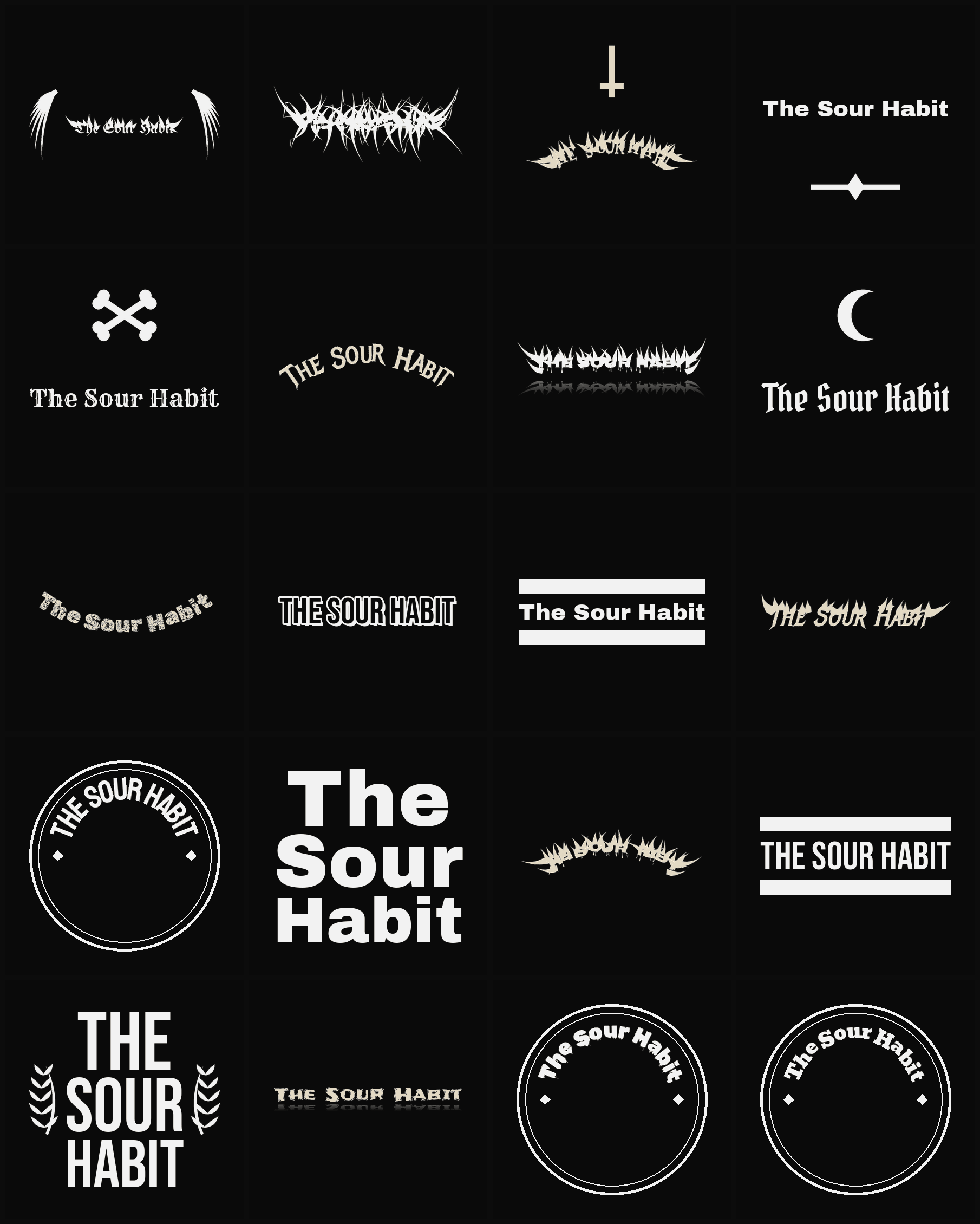 Twenty The Sour Habit band logo ideas — different faces, treatments and spike settings