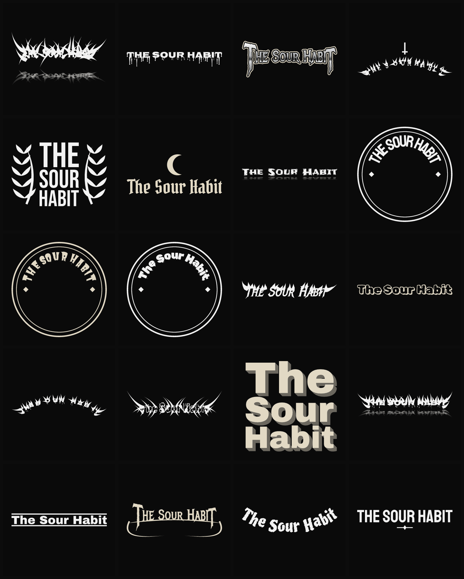 Twenty The Sour Habit band logo ideas — different faces, treatments and spike settings