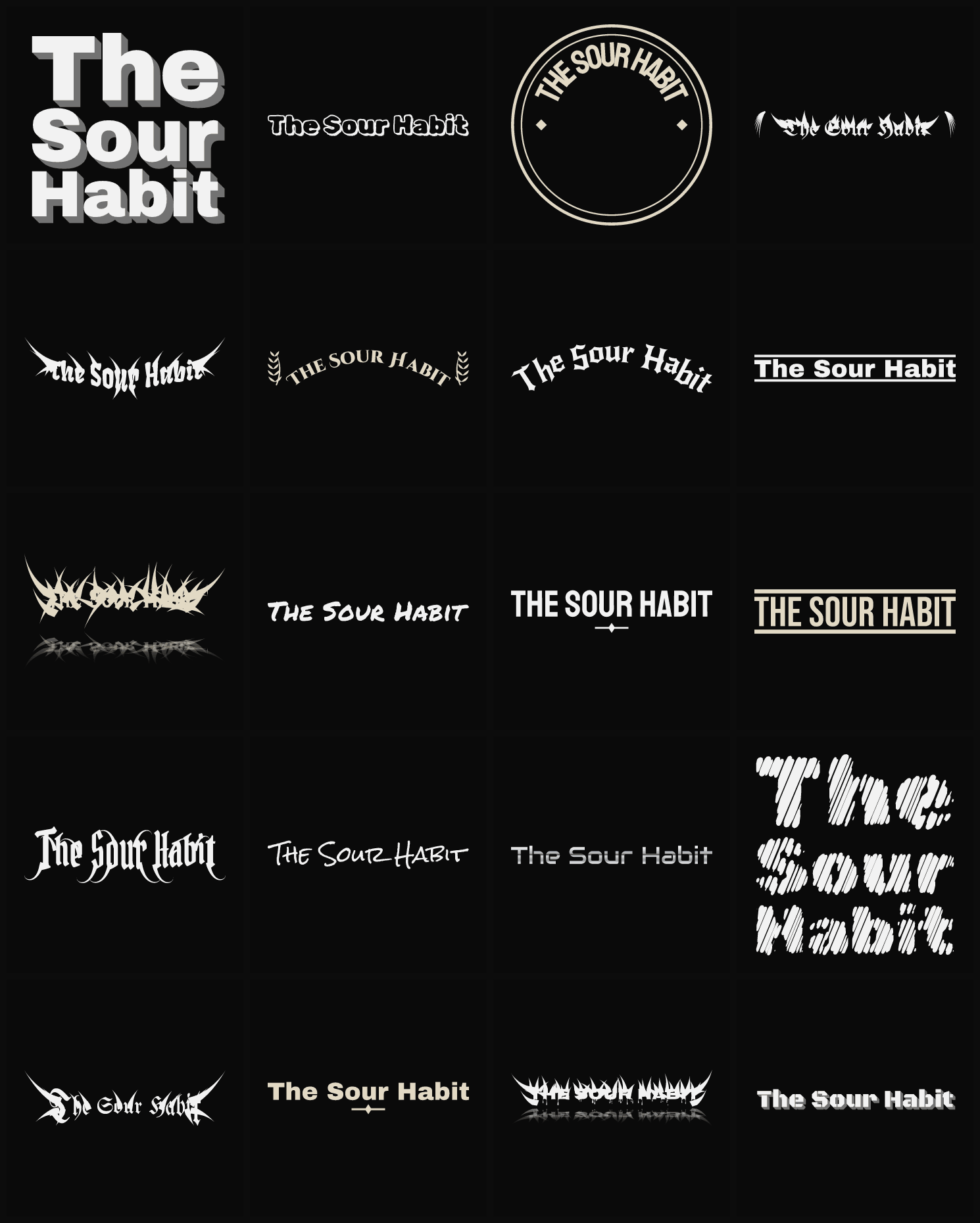 Twenty The Sour Habit band logo ideas — different faces, treatments and spike settings