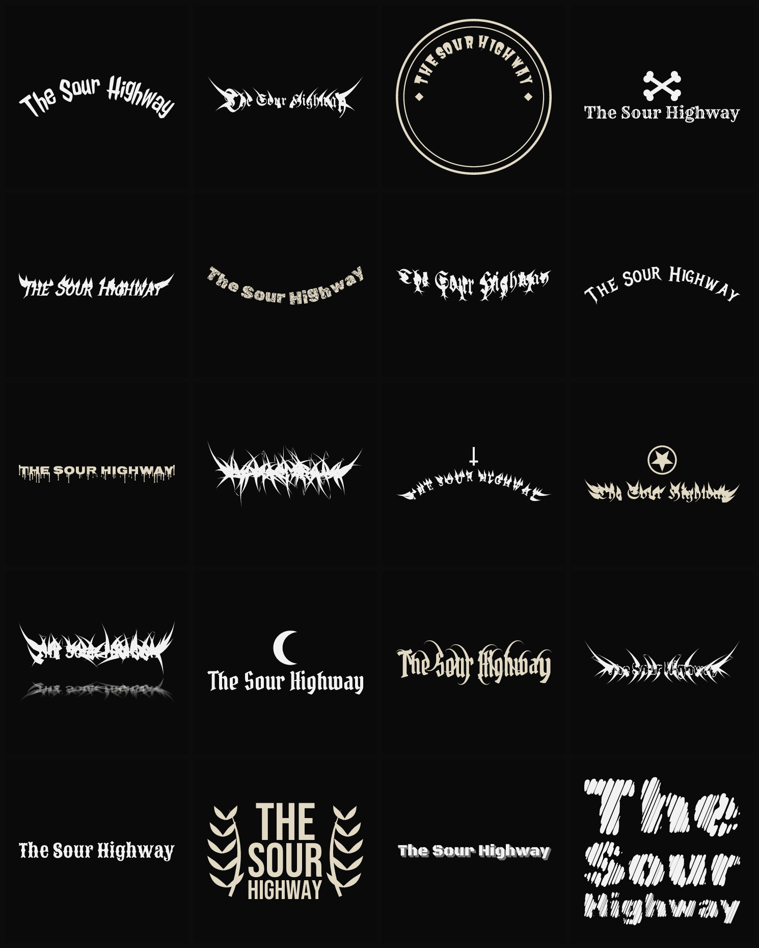 Twenty The Sour Highway band logo ideas — different faces, treatments and spike settings