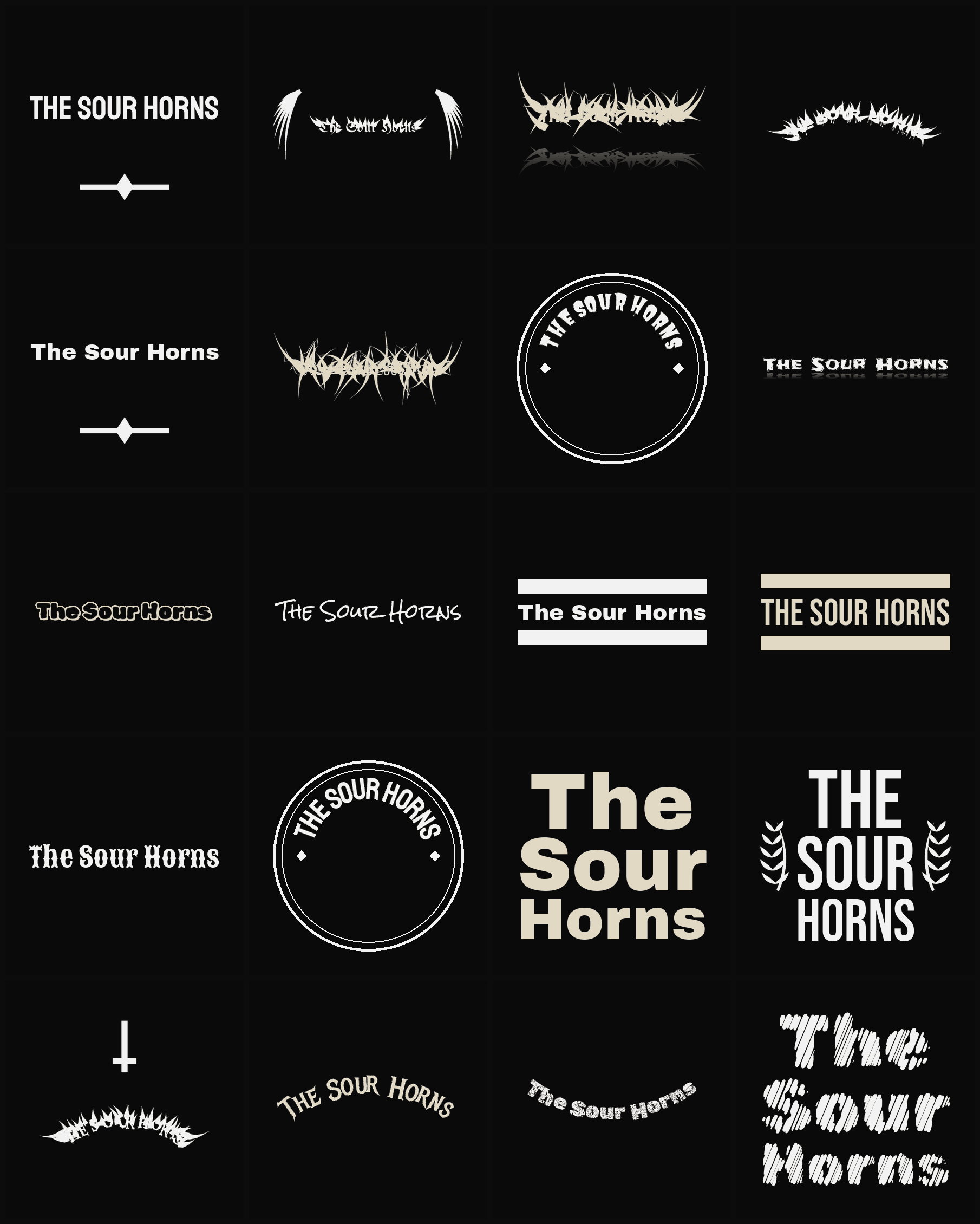 Twenty The Sour Horns band logo ideas — different faces, treatments and spike settings