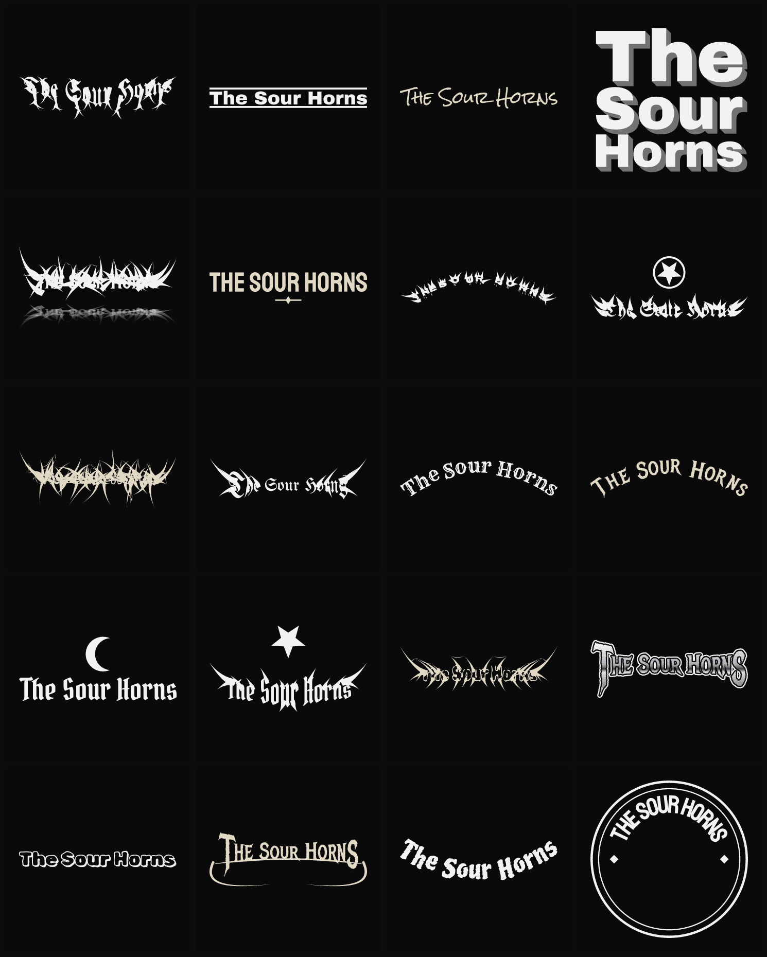 Twenty The Sour Horns band logo ideas — different faces, treatments and spike settings