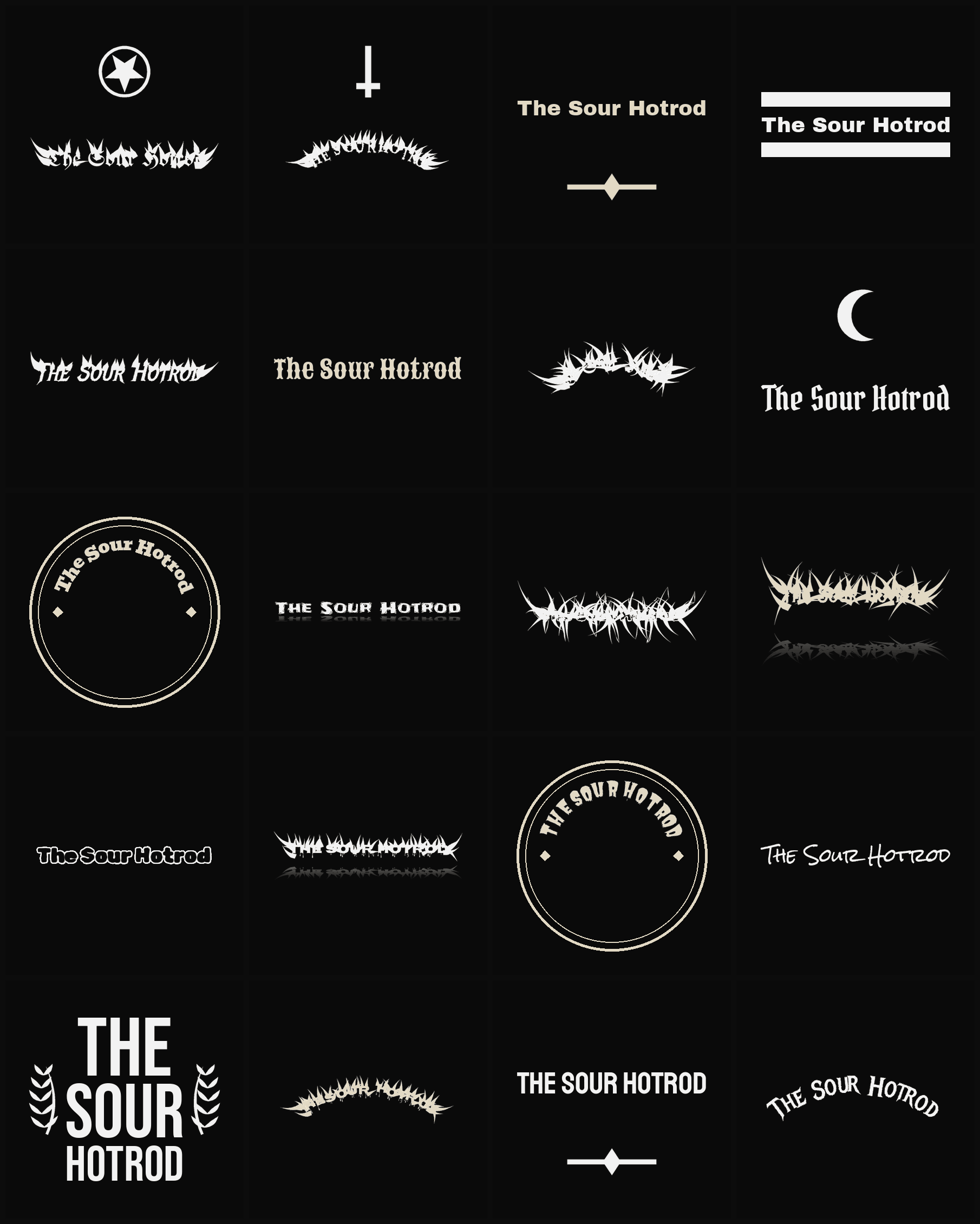 Twenty The Sour Hotrod band logo ideas — different faces, treatments and spike settings