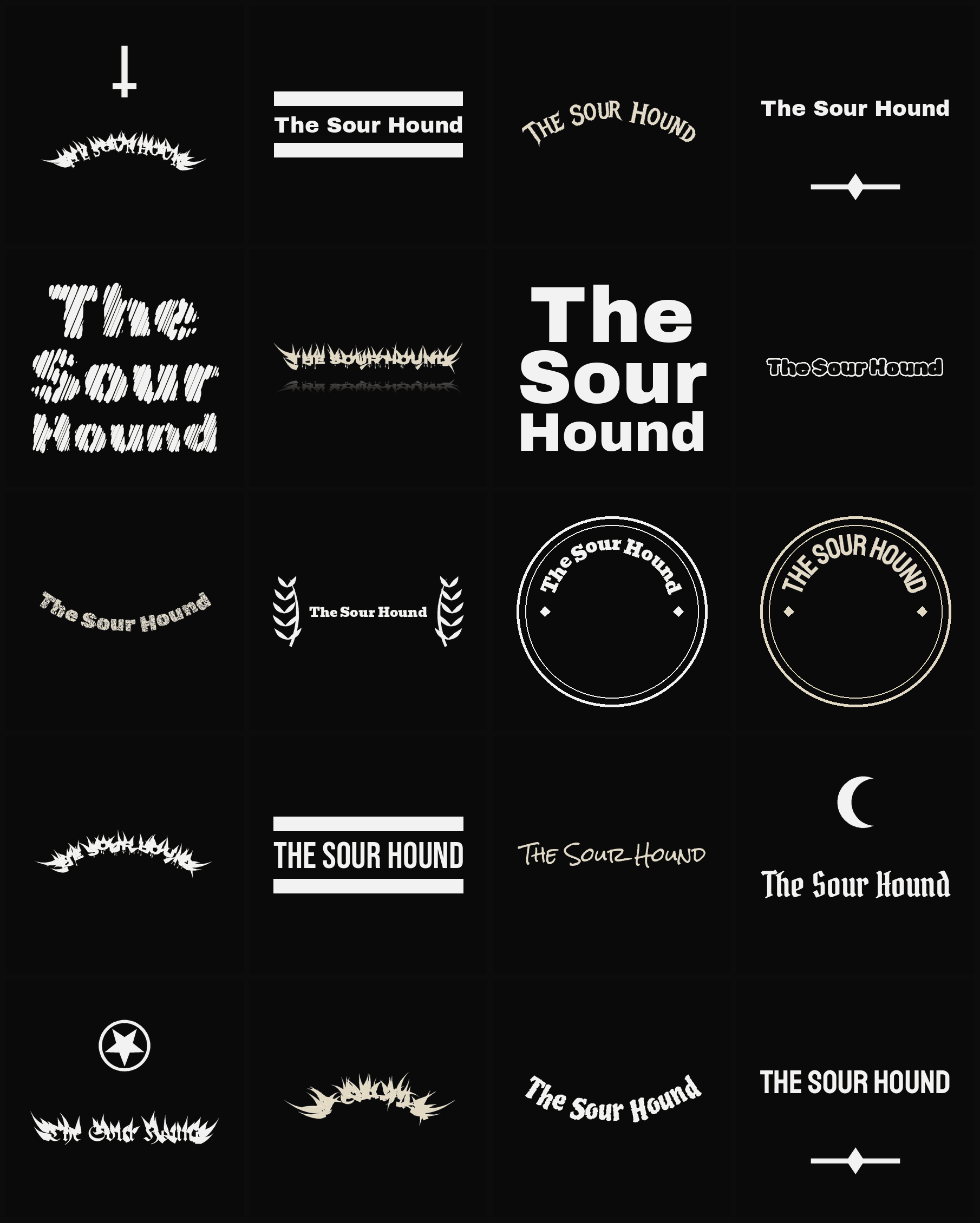 Twenty The Sour Hound band logo ideas — different faces, treatments and spike settings