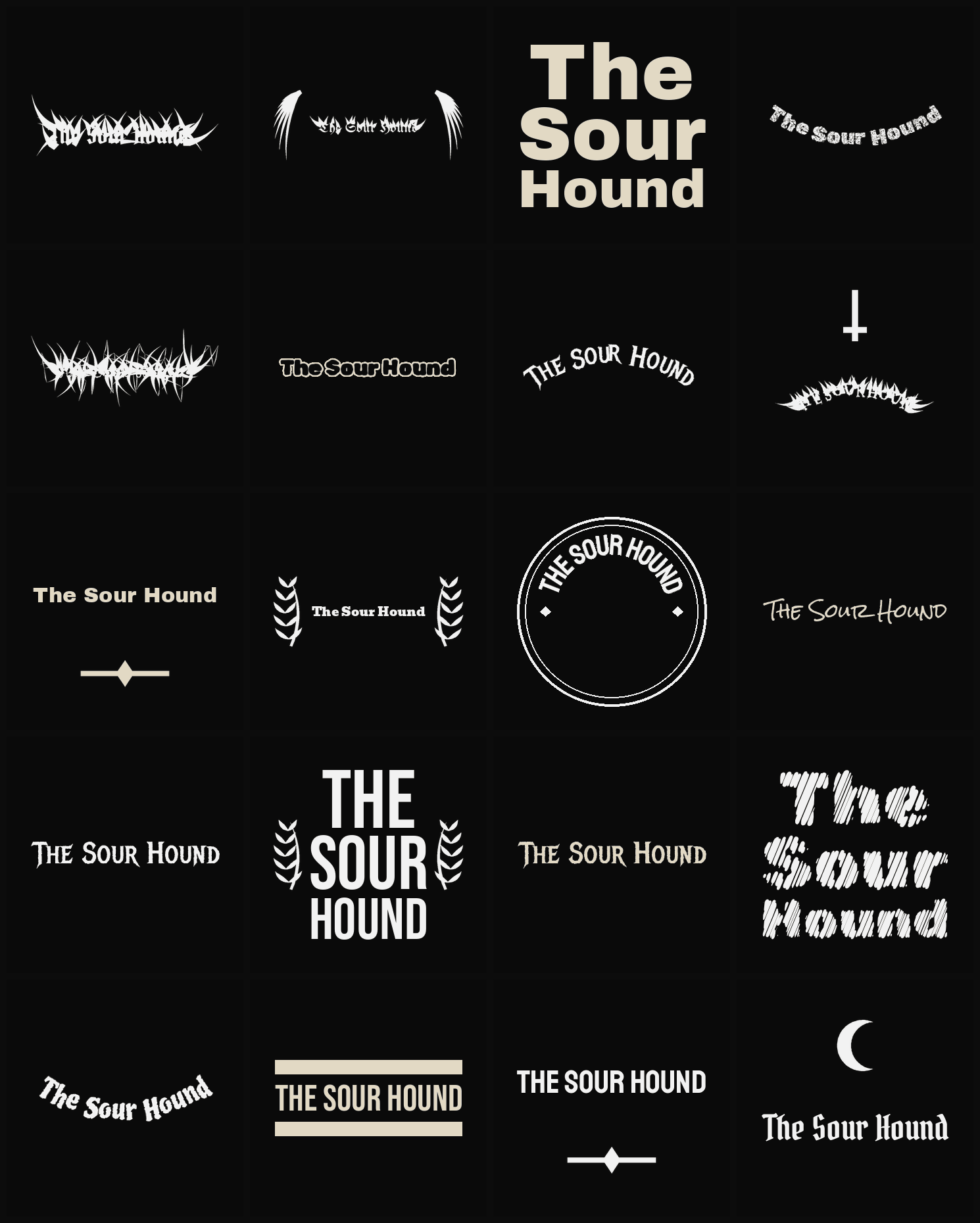 Twenty The Sour Hound band logo ideas — different faces, treatments and spike settings