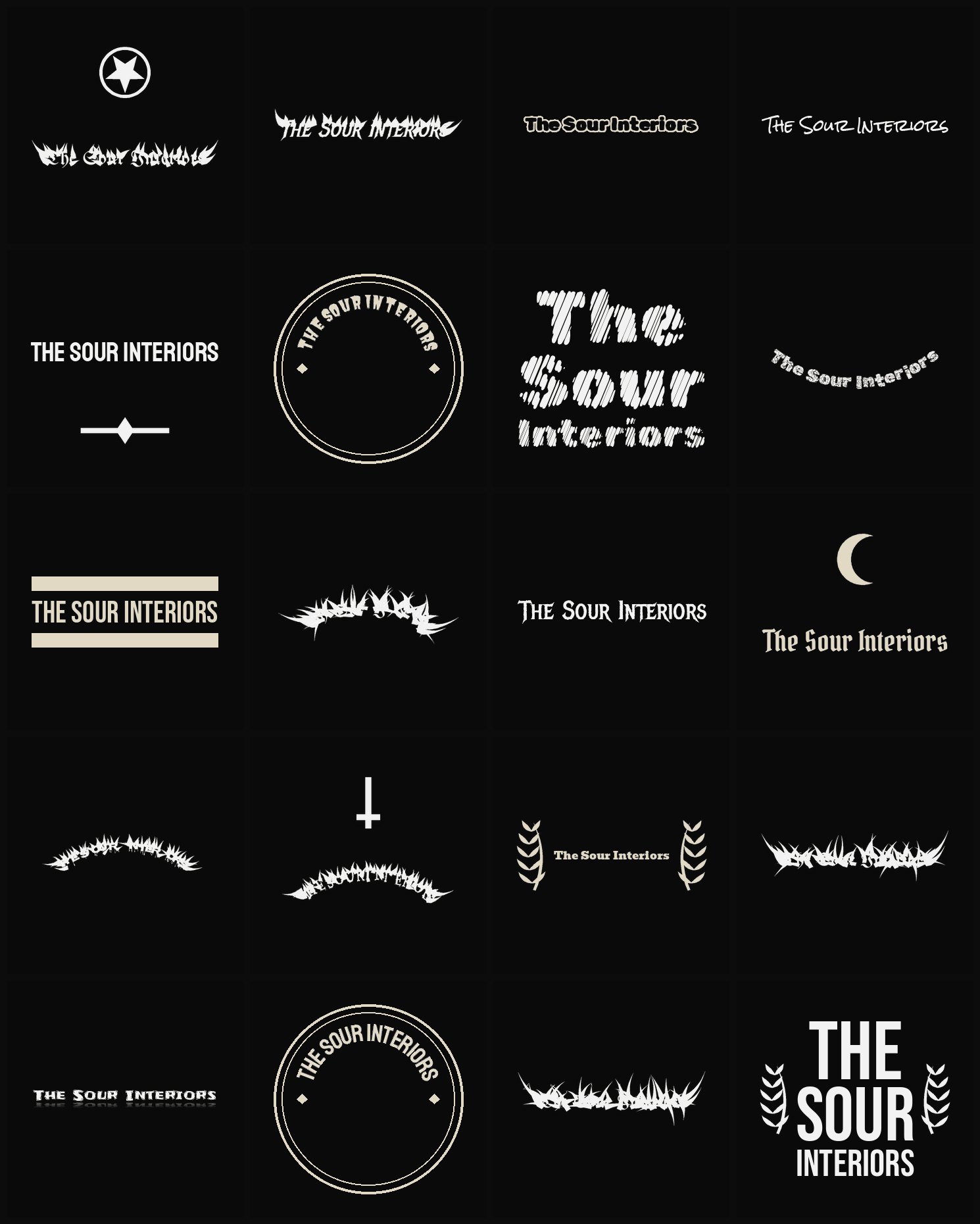 Twenty The Sour Interiors band logo ideas — different faces, treatments and spike settings