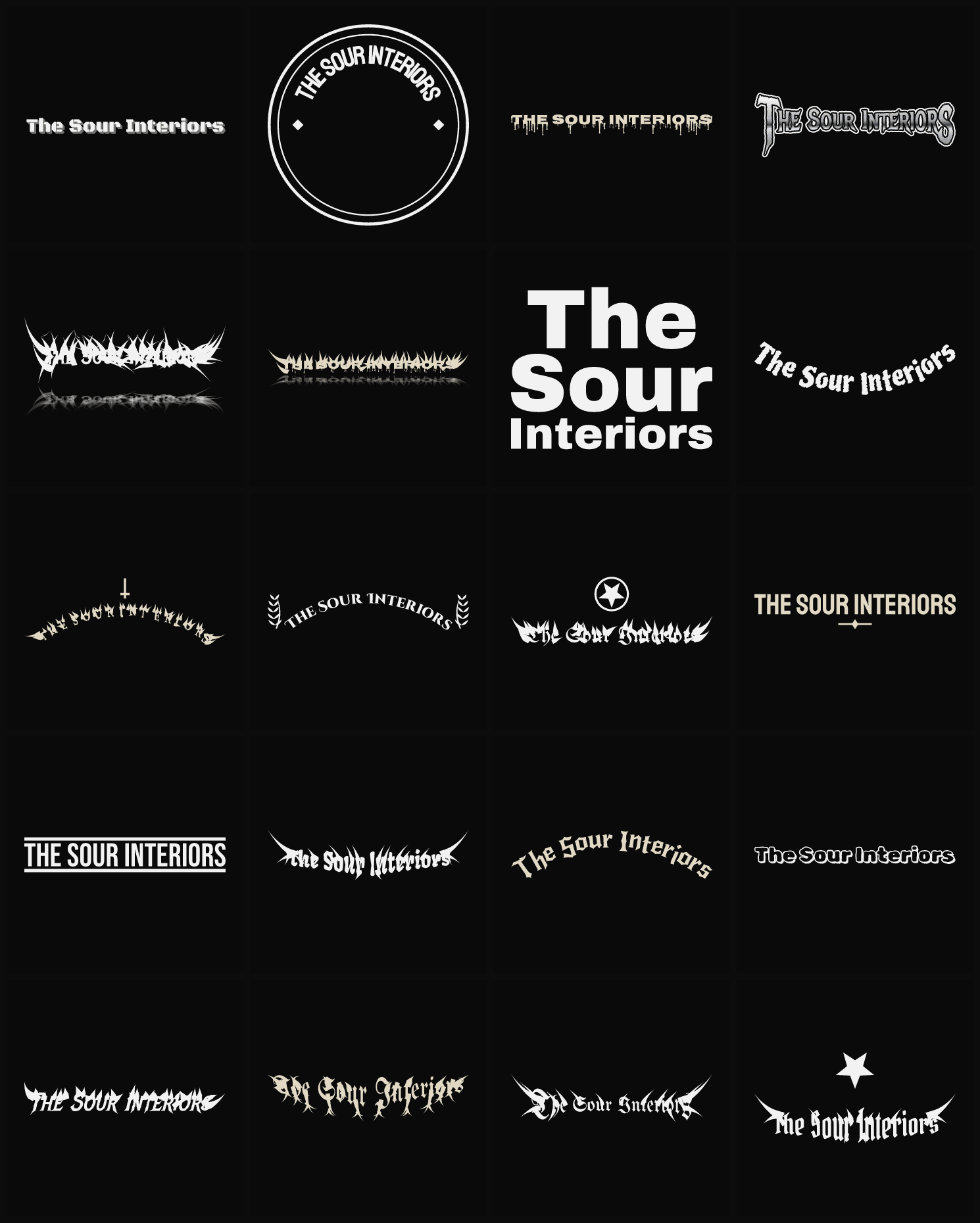 Twenty The Sour Interiors band logo ideas — different faces, treatments and spike settings