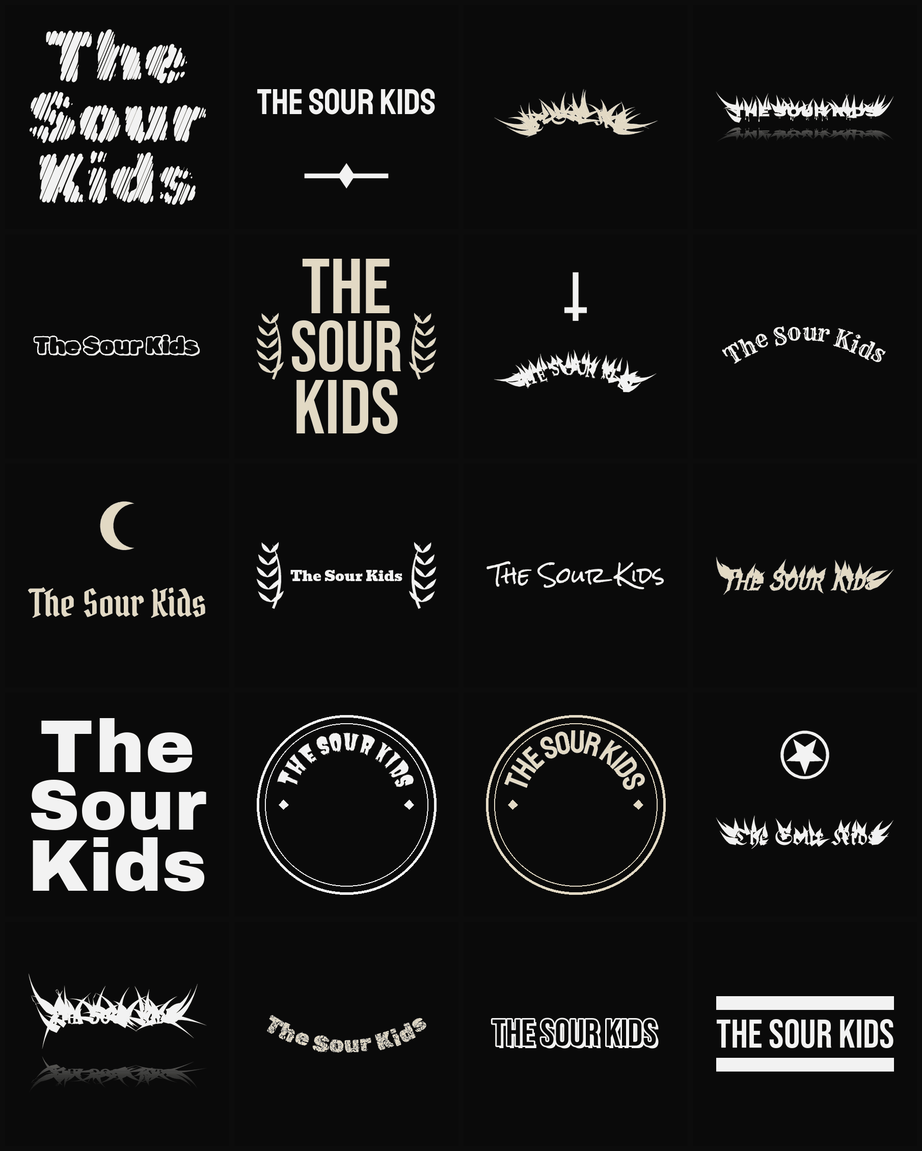 Twenty The Sour Kids band logo ideas — different faces, treatments and spike settings