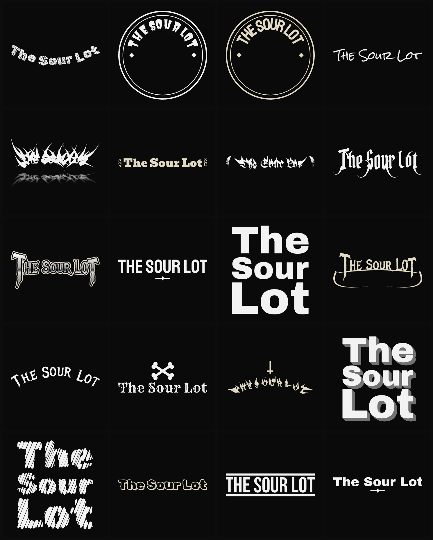 Twenty The Sour Lot band logo ideas — different faces, treatments and spike settings