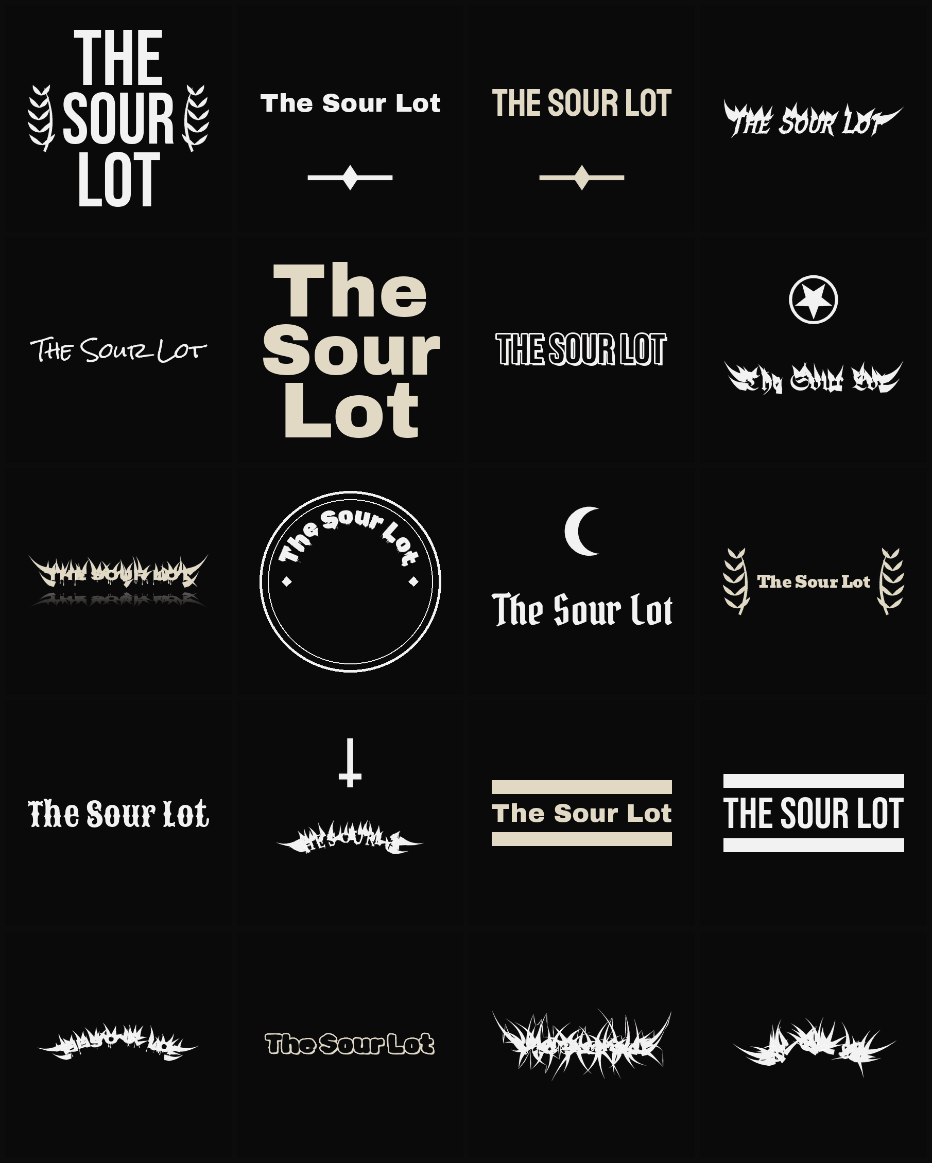 Twenty The Sour Lot band logo ideas — different faces, treatments and spike settings