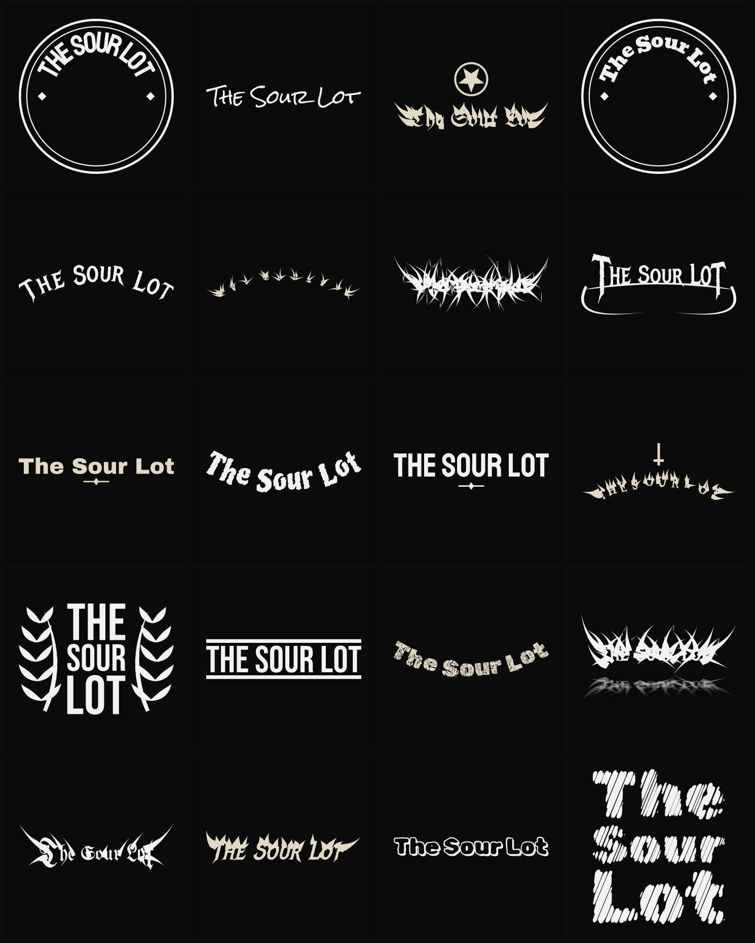 Twenty The Sour Lot band logo ideas — different faces, treatments and spike settings