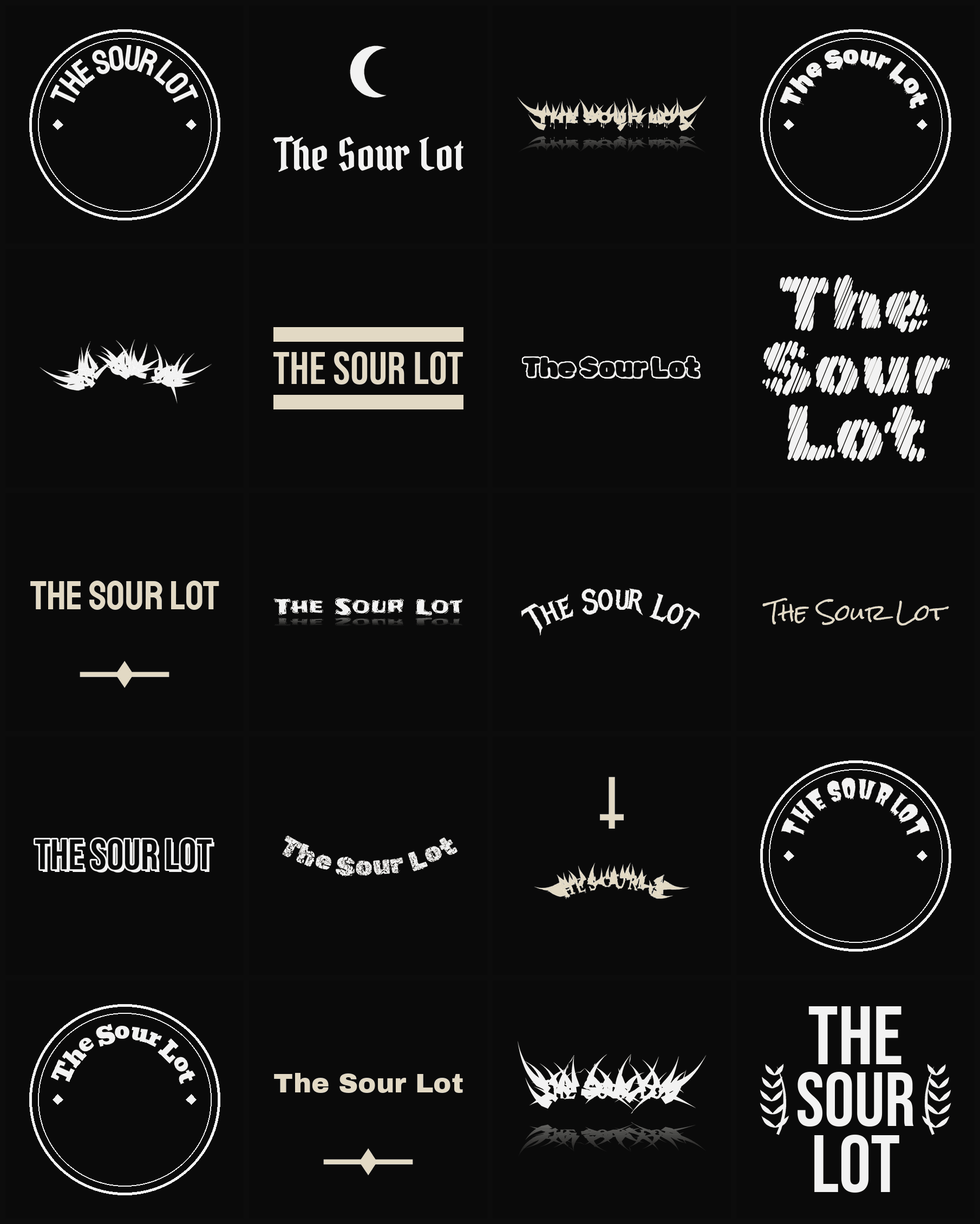 Twenty The Sour Lot band logo ideas — different faces, treatments and spike settings