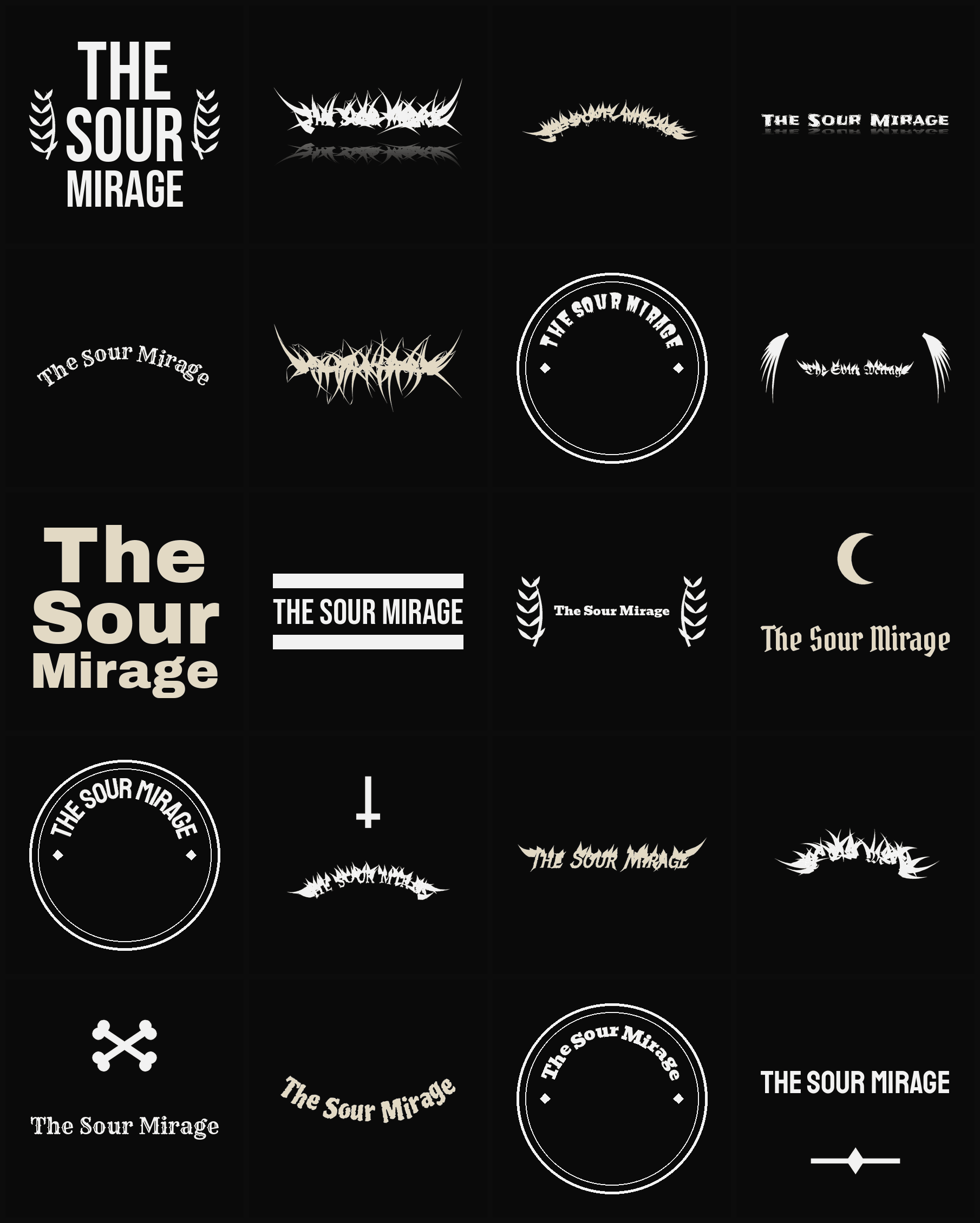 Twenty The Sour Mirage band logo ideas — different faces, treatments and spike settings