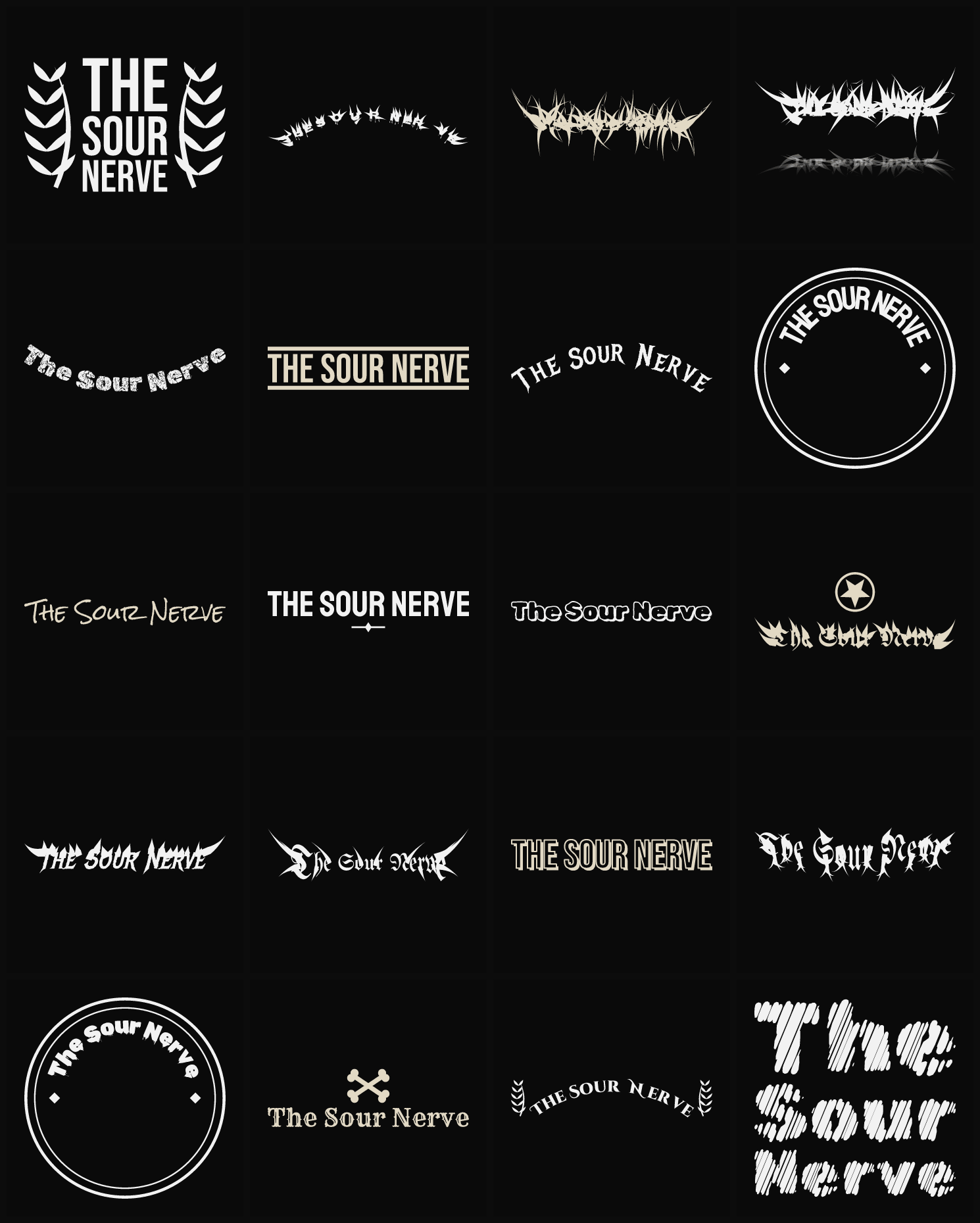 Twenty The Sour Nerve band logo ideas — different faces, treatments and spike settings