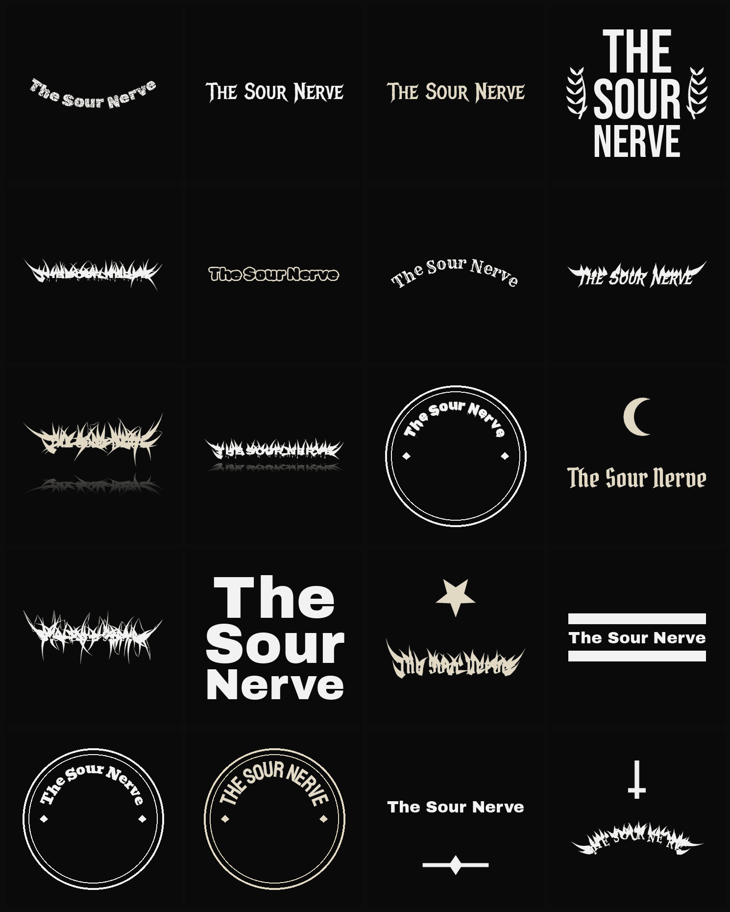 Twenty The Sour Nerve band logo ideas — different faces, treatments and spike settings