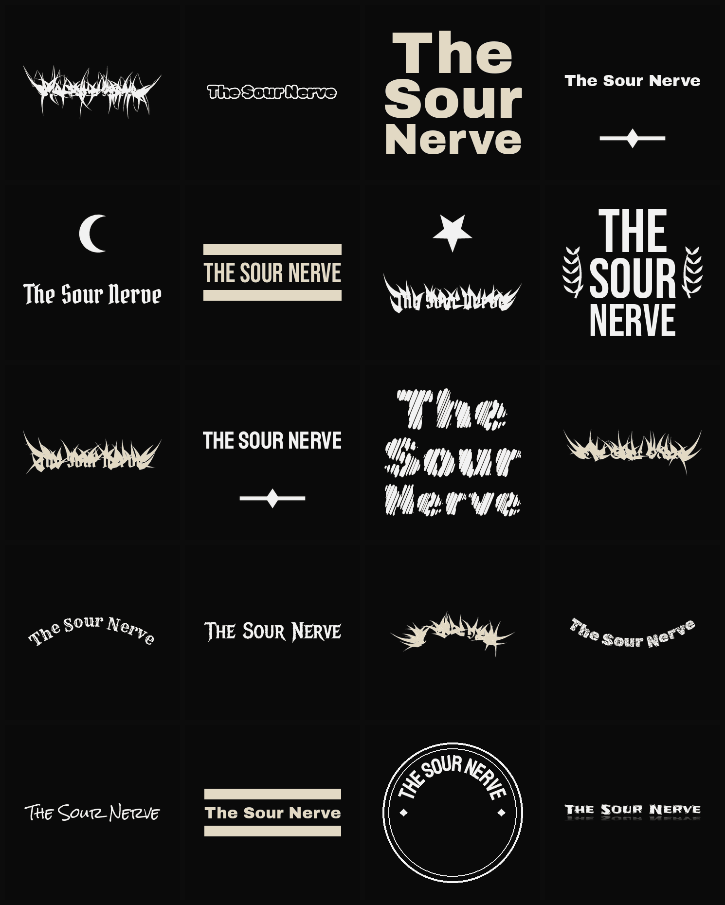 Twenty The Sour Nerve band logo ideas — different faces, treatments and spike settings