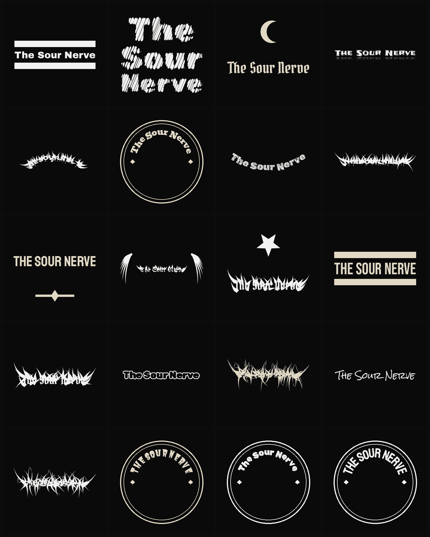 Twenty The Sour Nerve band logo ideas — different faces, treatments and spike settings