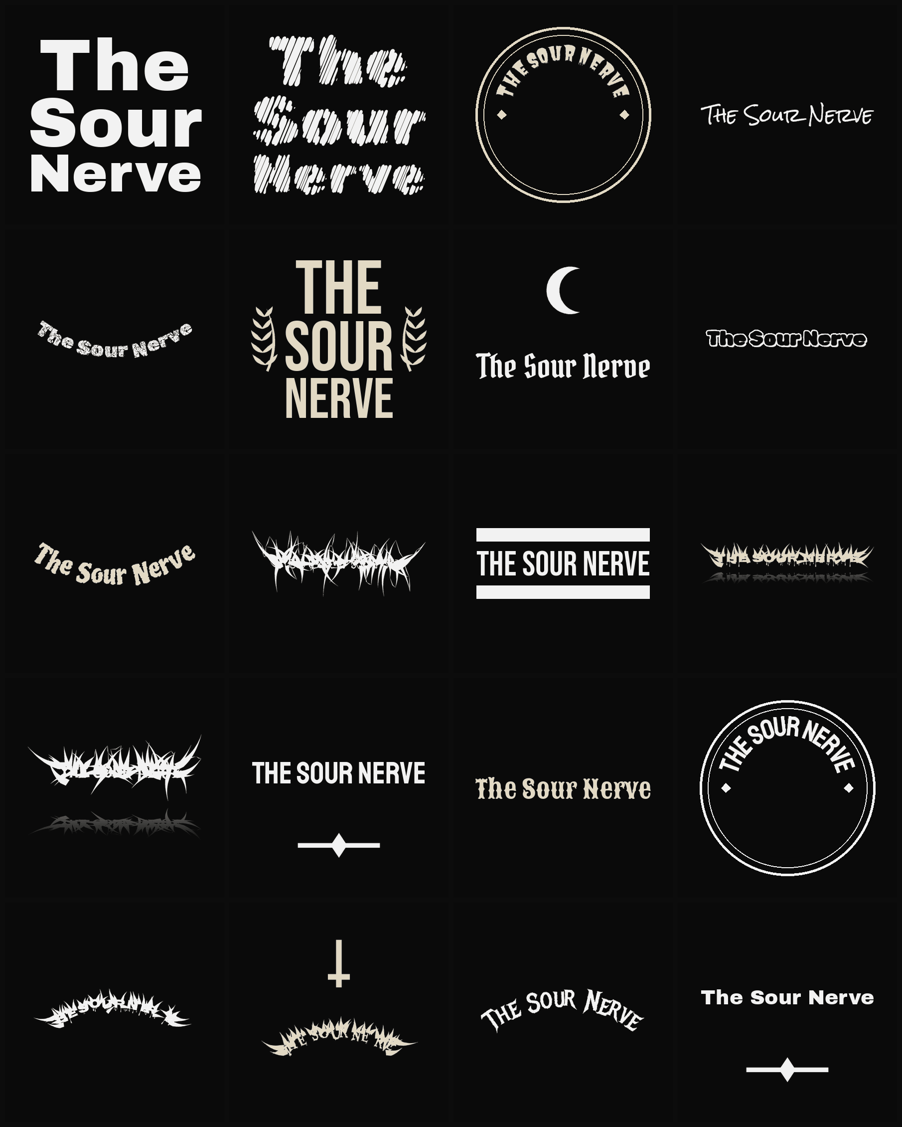 Twenty The Sour Nerve band logo ideas — different faces, treatments and spike settings
