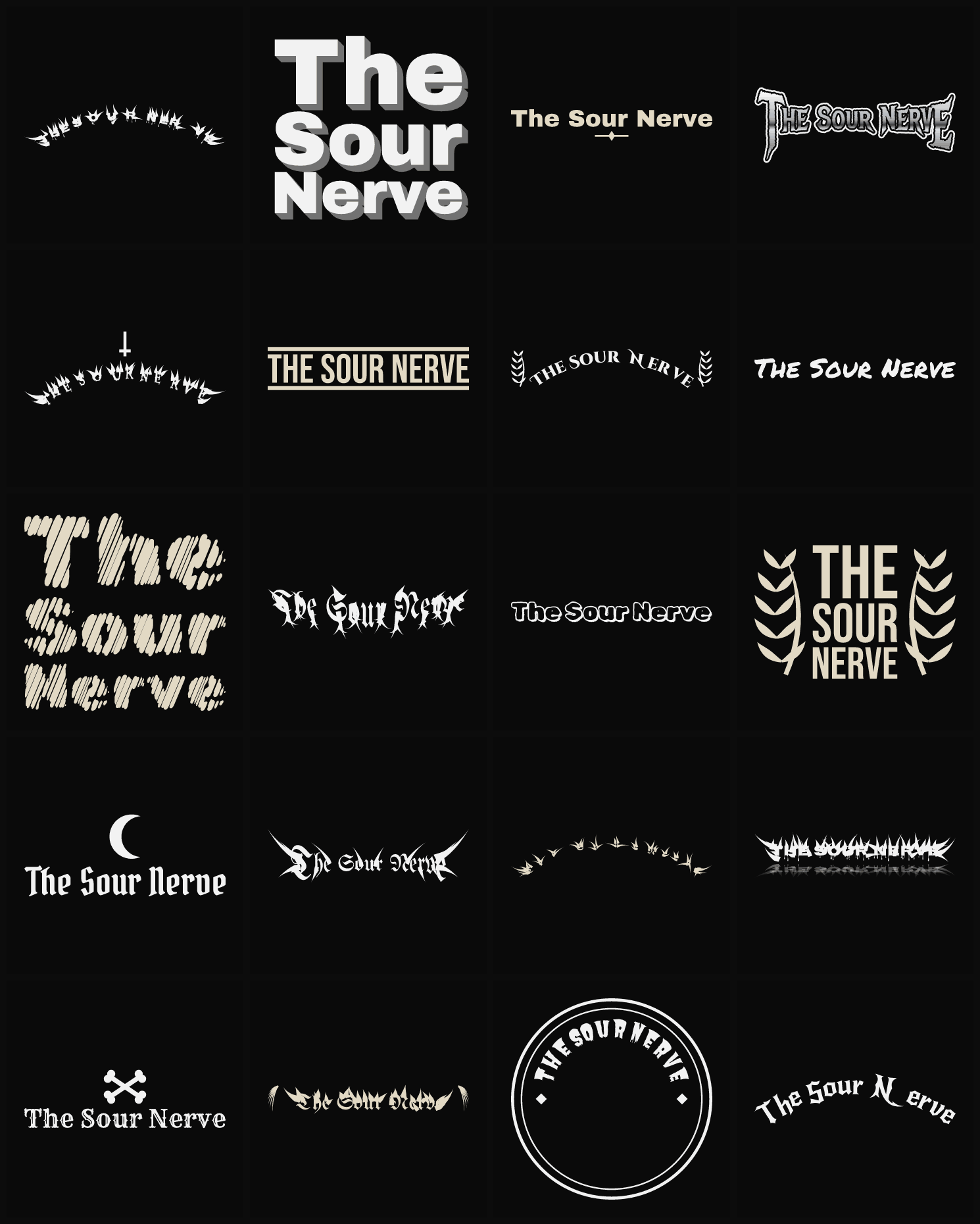 Twenty The Sour Nerve band logo ideas — different faces, treatments and spike settings