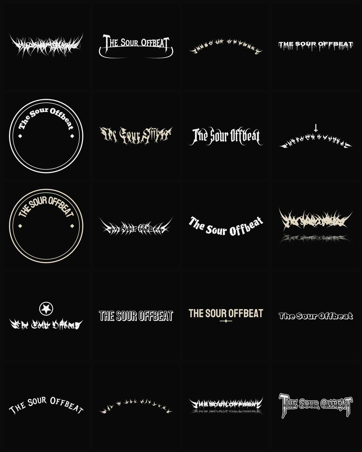 Twenty The Sour Offbeat band logo ideas — different faces, treatments and spike settings