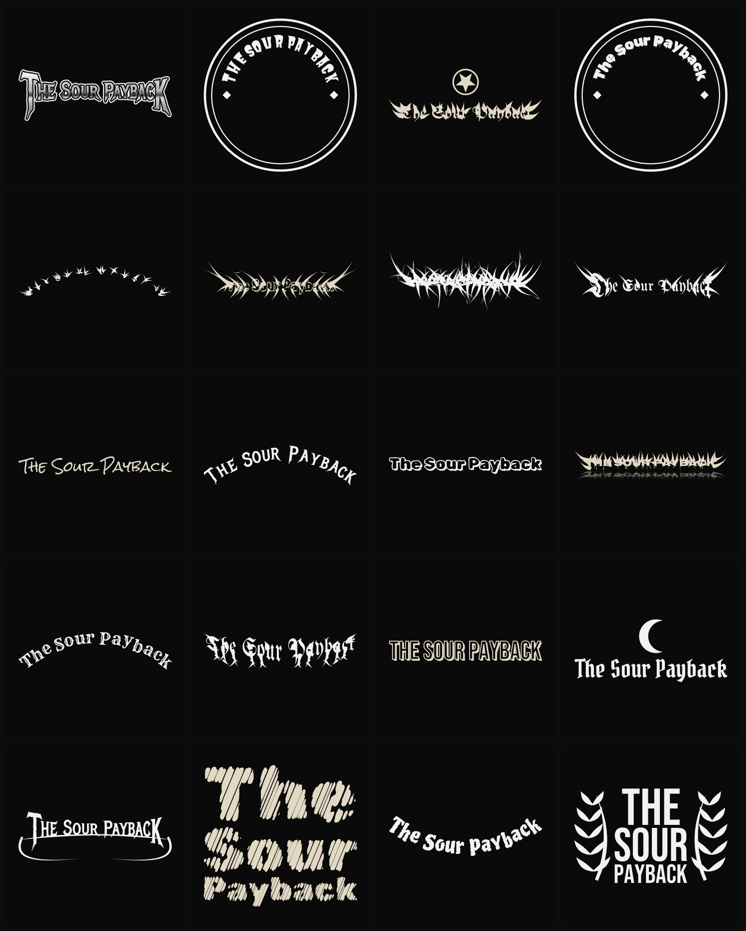 Twenty The Sour Payback band logo ideas — different faces, treatments and spike settings